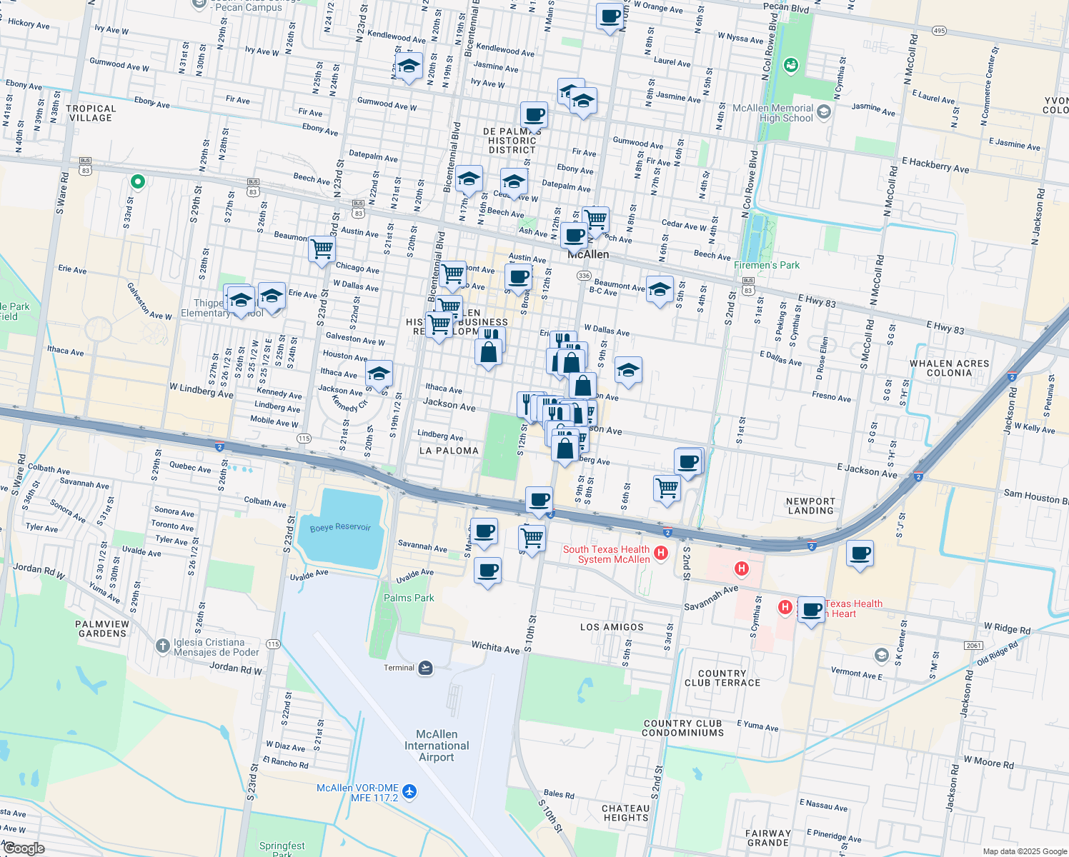 map of restaurants, bars, coffee shops, grocery stores, and more near 1010 S 10th St in McAllen