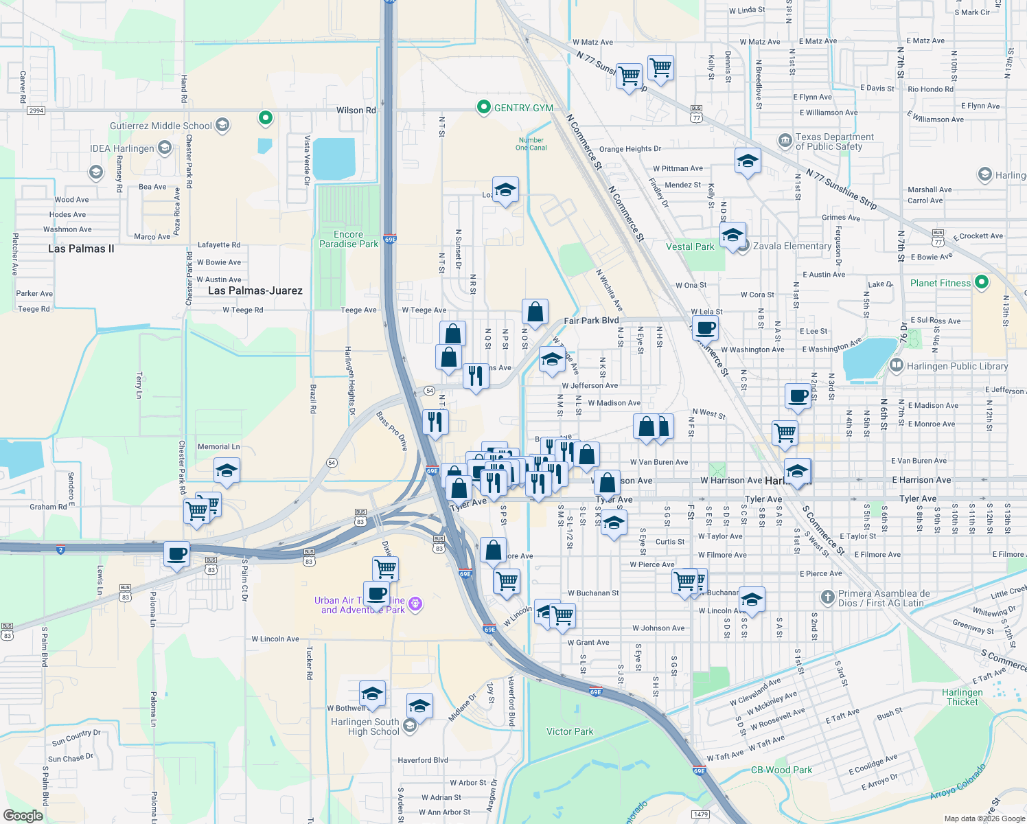 map of restaurants, bars, coffee shops, grocery stores, and more near 207 N O St in Harlingen