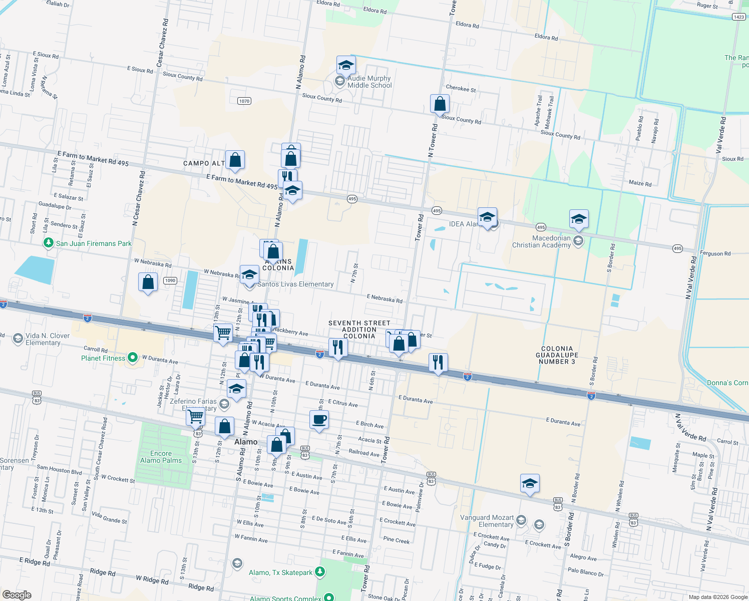 map of restaurants, bars, coffee shops, grocery stores, and more near 530 Tulip Cir in Alamo