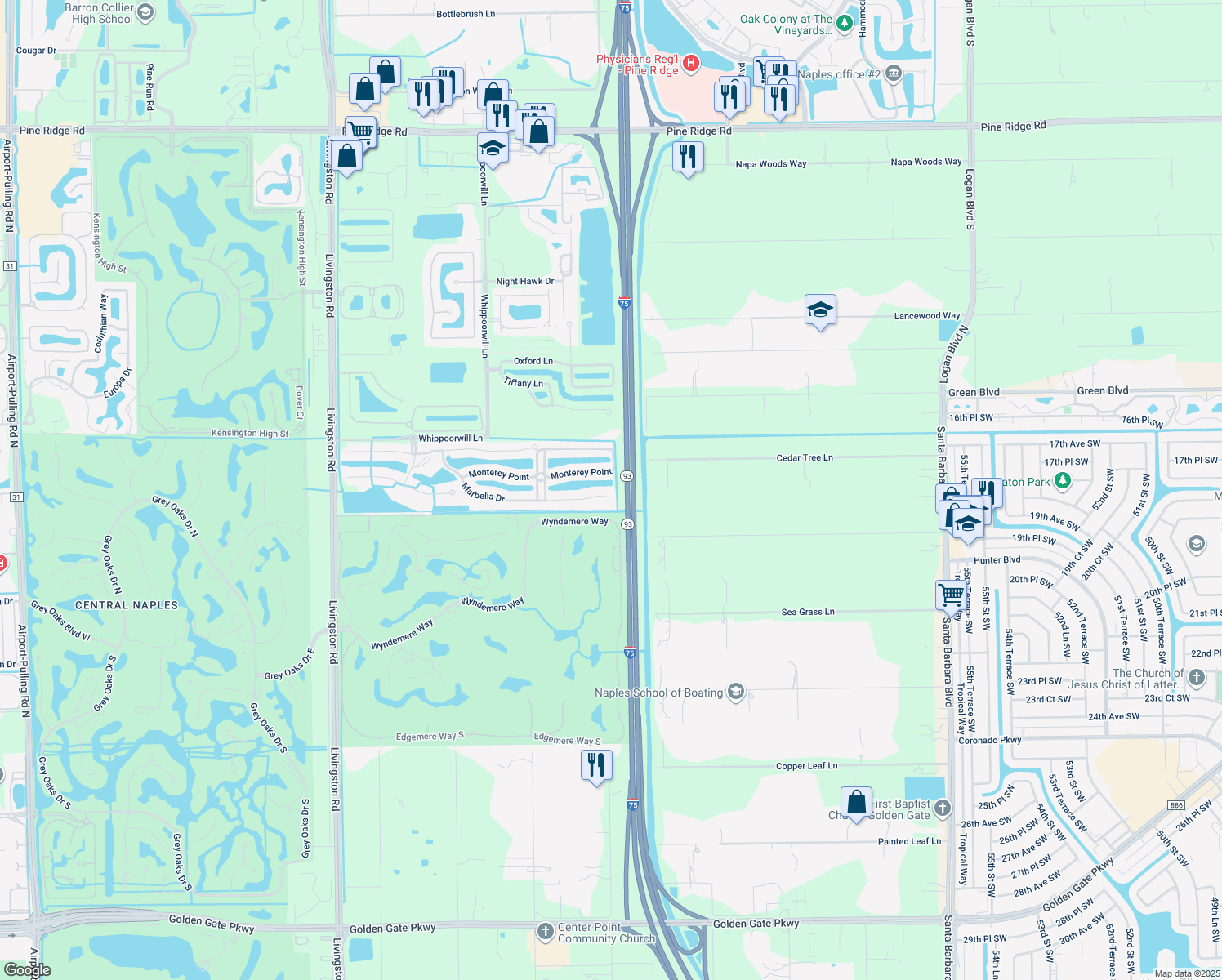 map of restaurants, bars, coffee shops, grocery stores, and more near 6653 Marbella Drive in Naples