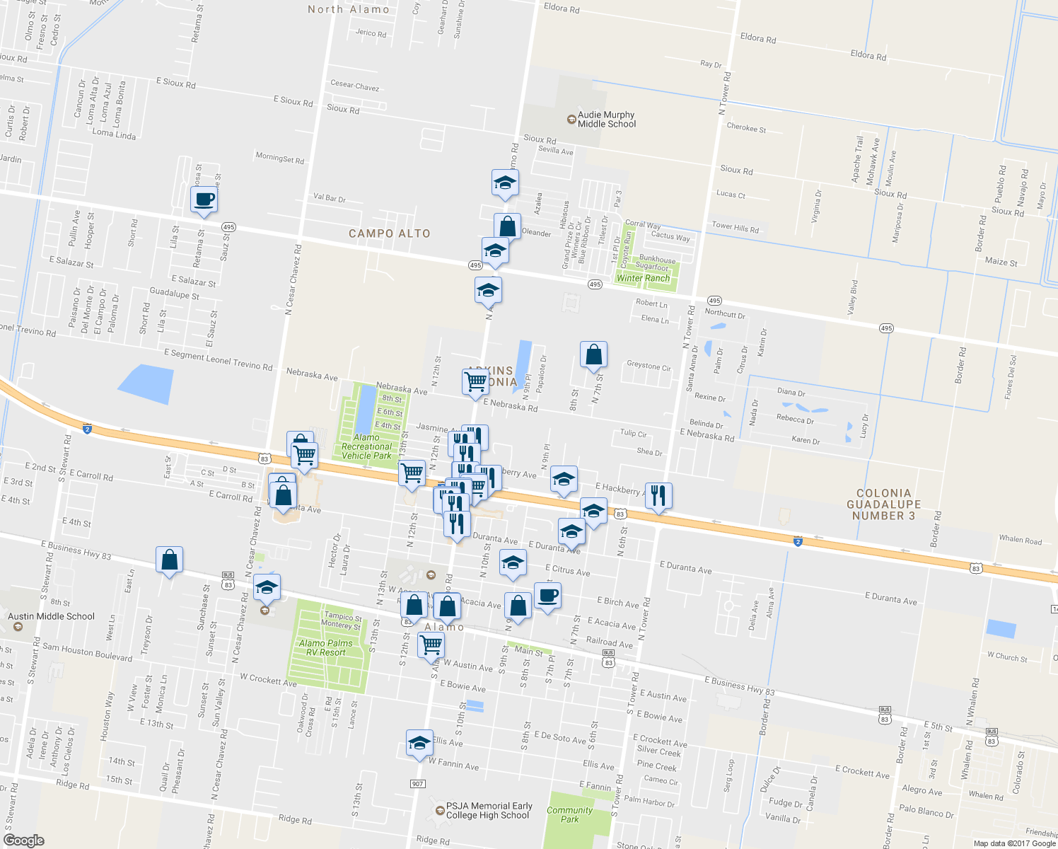 map of restaurants, bars, coffee shops, grocery stores, and more near 901 East Nebraska Road in Alamo