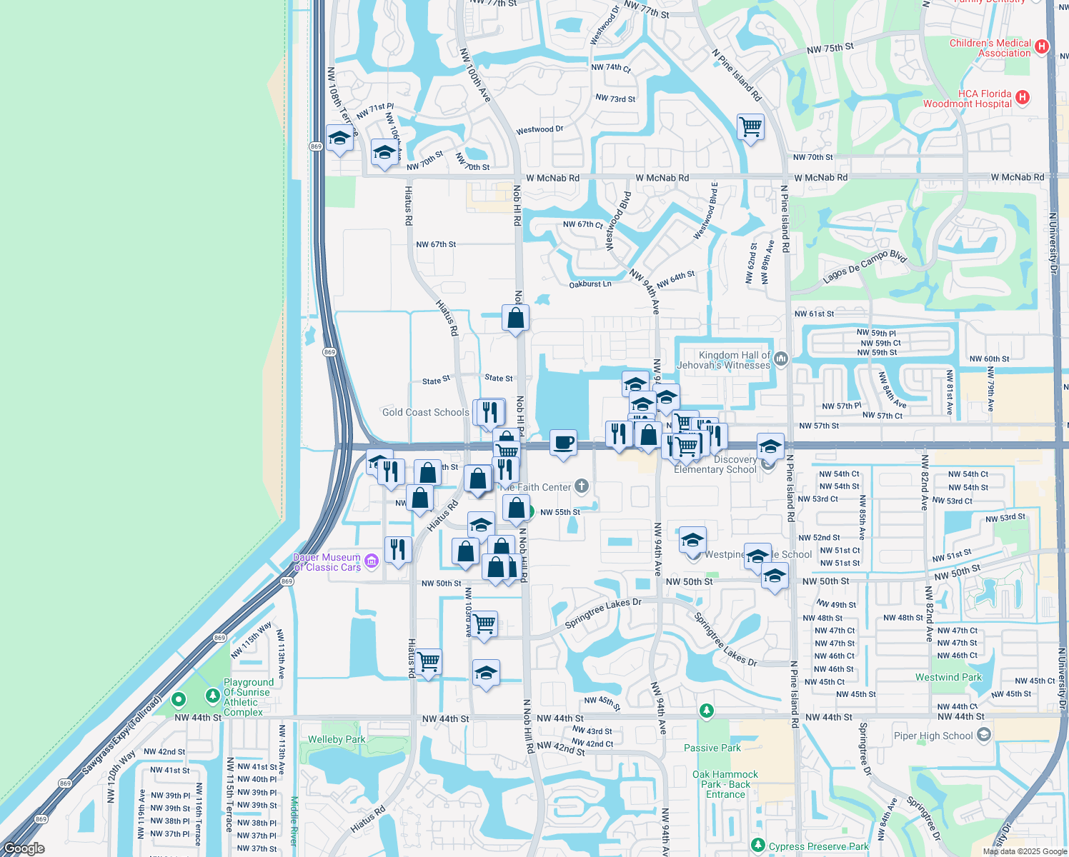 map of restaurants, bars, coffee shops, grocery stores, and more near 5700 South Plum Bay Parkway in Tamarac