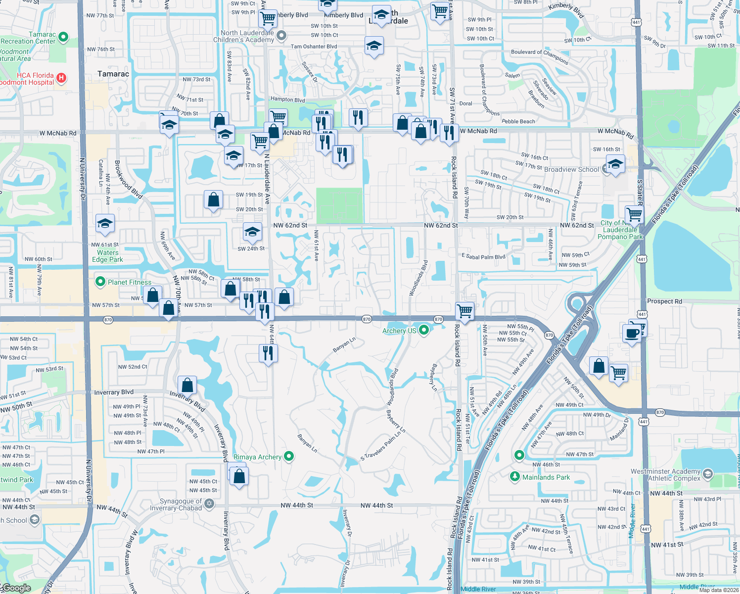 map of restaurants, bars, coffee shops, grocery stores, and more near 5702 Swordfish Circle in Tamarac