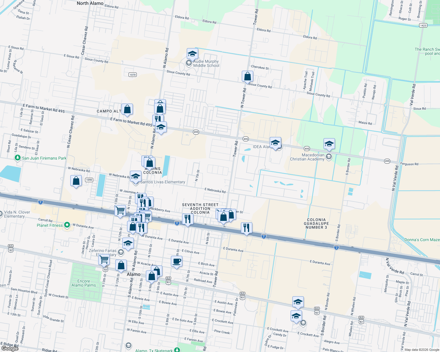 map of restaurants, bars, coffee shops, grocery stores, and more near 583 Greystone Cir in Alamo