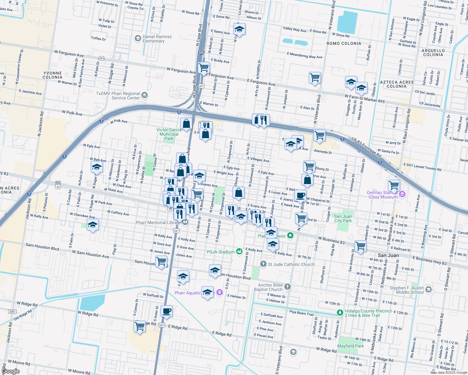 map of restaurants, bars, coffee shops, grocery stores, and more near 524 E Lucas Ave in Pharr