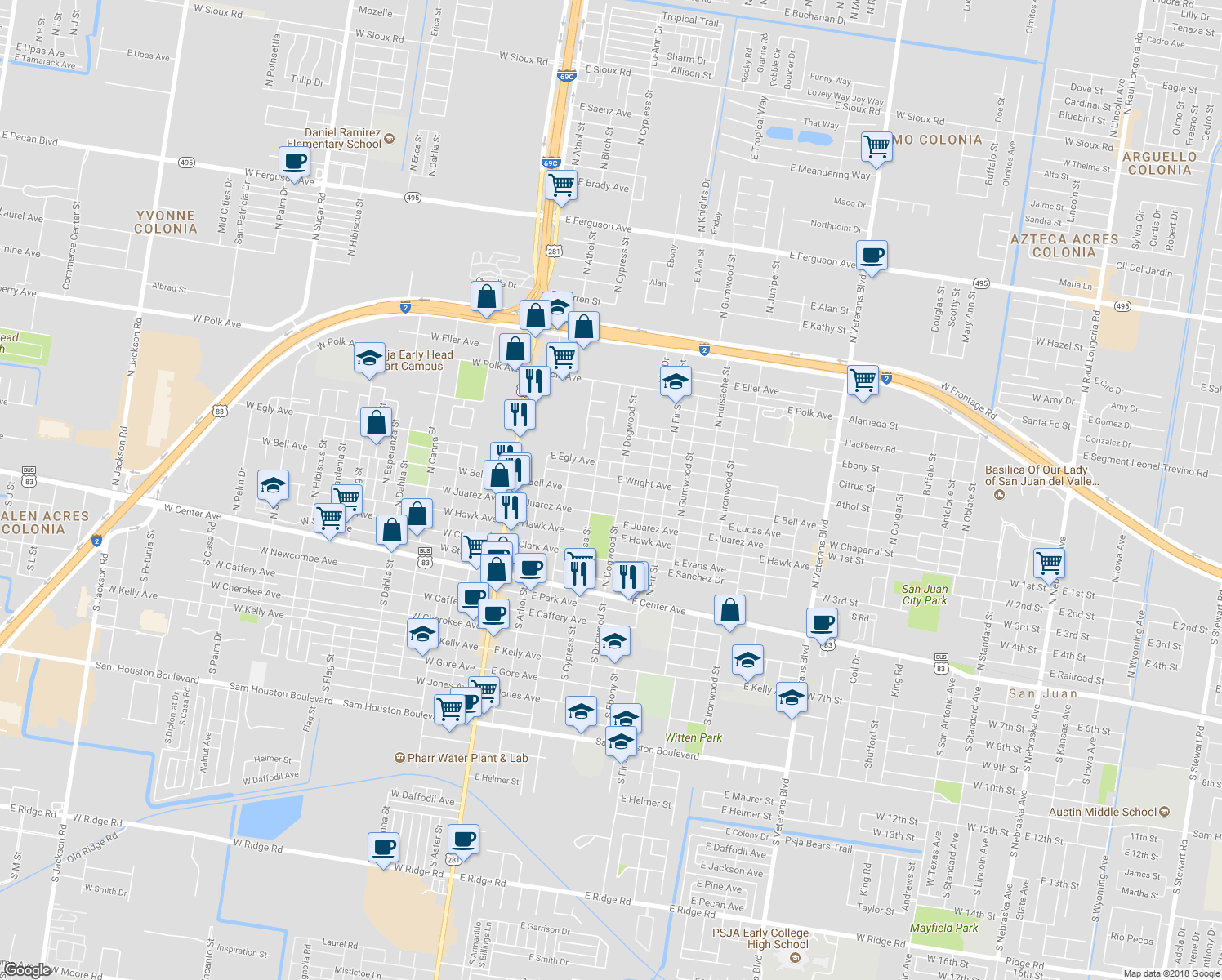 map of restaurants, bars, coffee shops, grocery stores, and more near 421 East Bell Avenue in Pharr