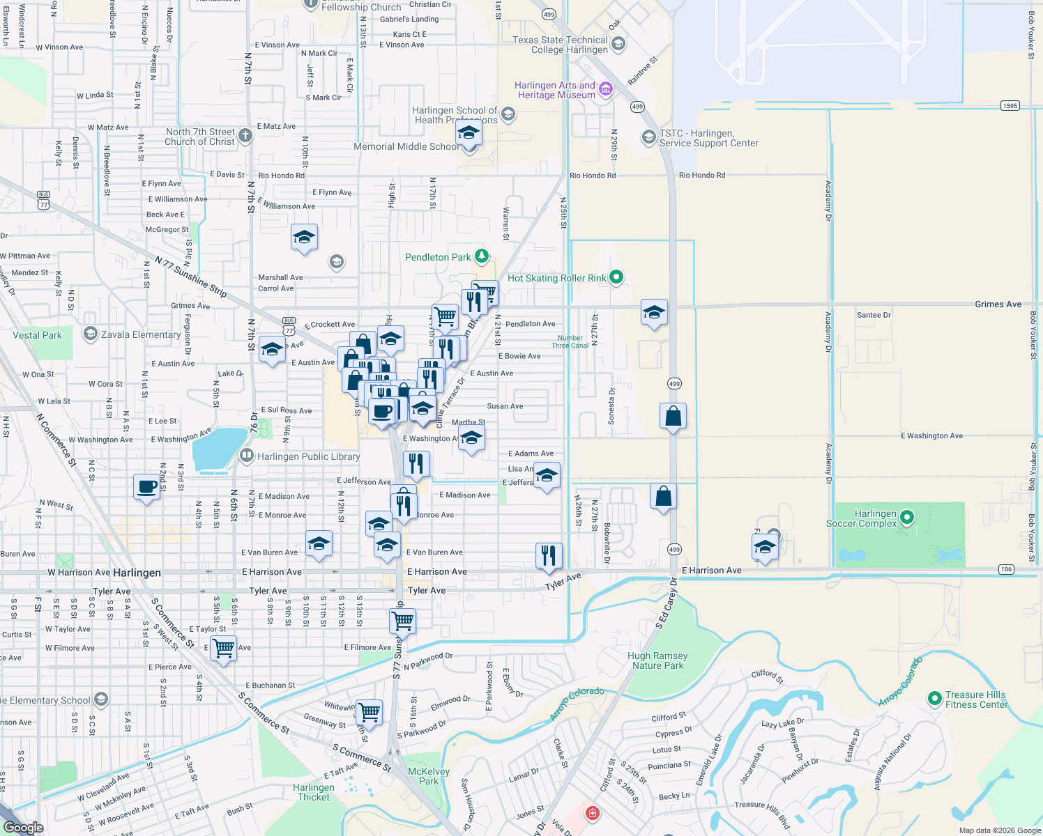 map of restaurants, bars, coffee shops, grocery stores, and more near 2207 South Whitehouse Circle in Harlingen