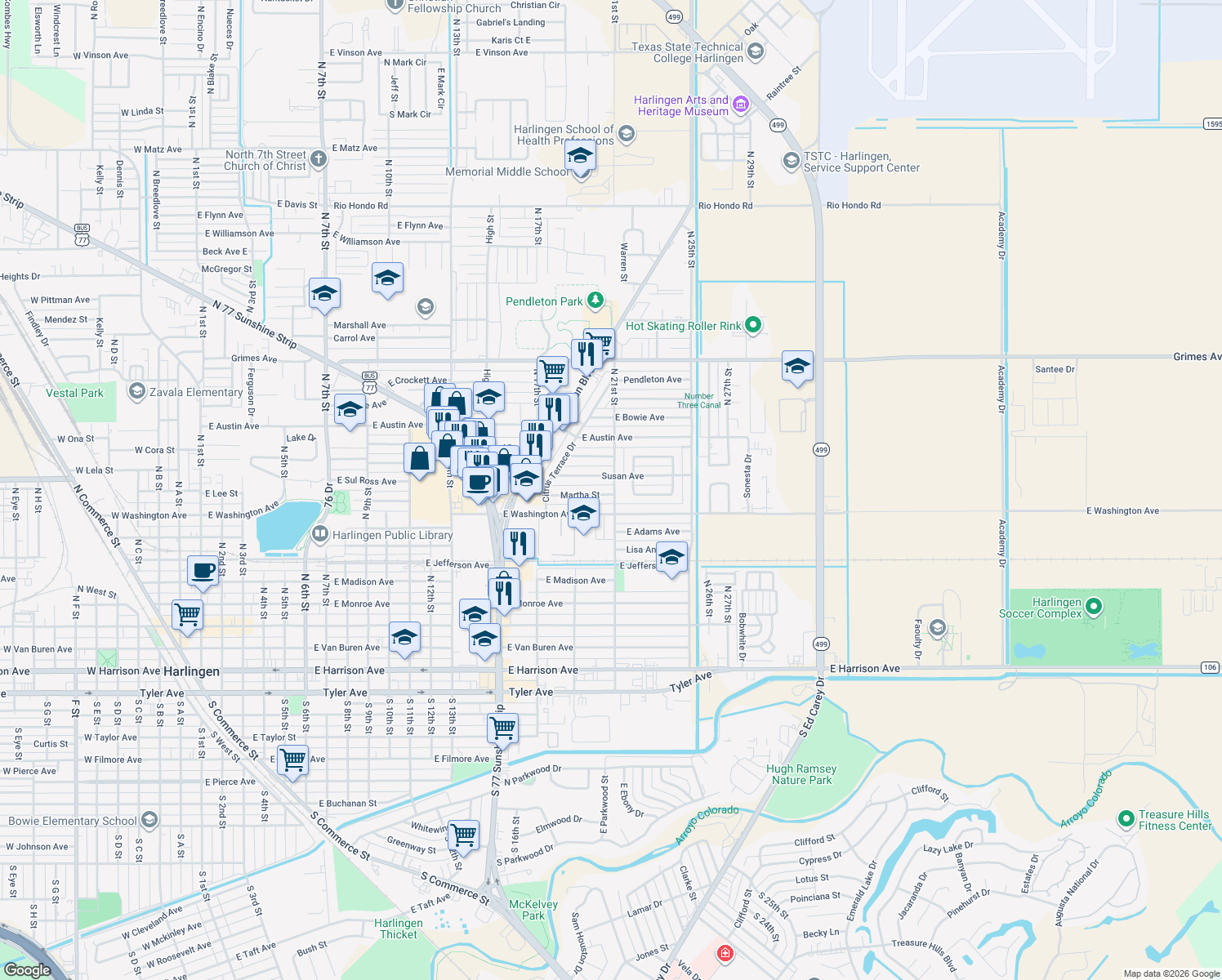 map of restaurants, bars, coffee shops, grocery stores, and more near 2031 Martha St in Harlingen