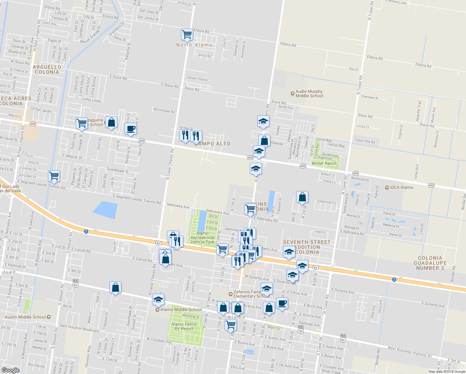 map of restaurants, bars, coffee shops, grocery stores, and more near 823 North 12th Street in Alamo