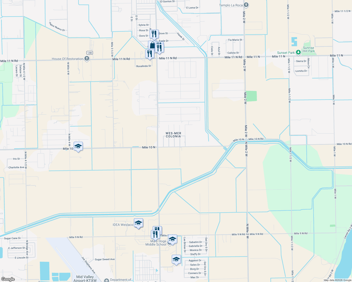 map of restaurants, bars, coffee shops, grocery stores, and more near 4204 Roosevelt St in Mercedes
