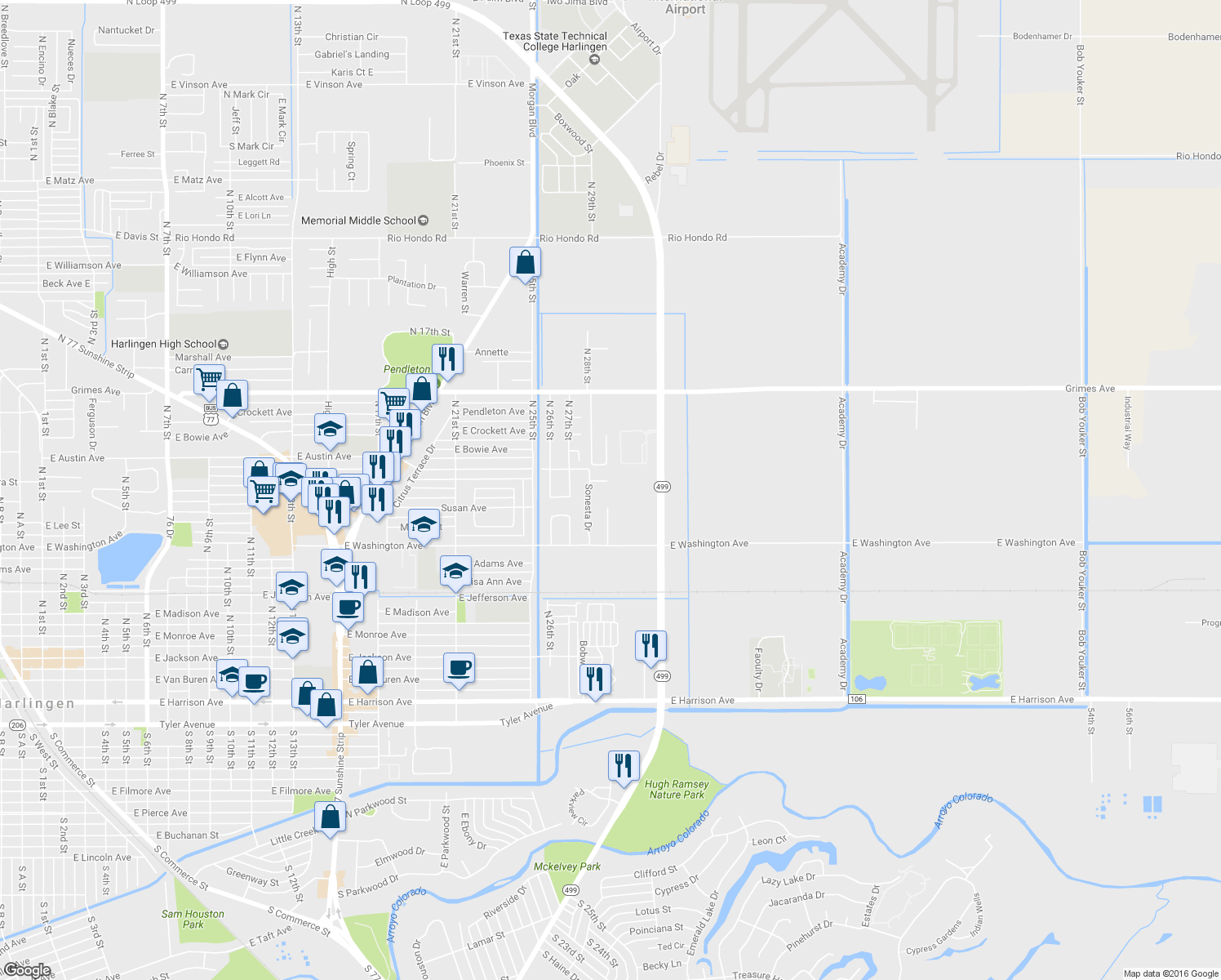 map of restaurants, bars, coffee shops, grocery stores, and more near 2521 Chuparosa Court in Harlingen