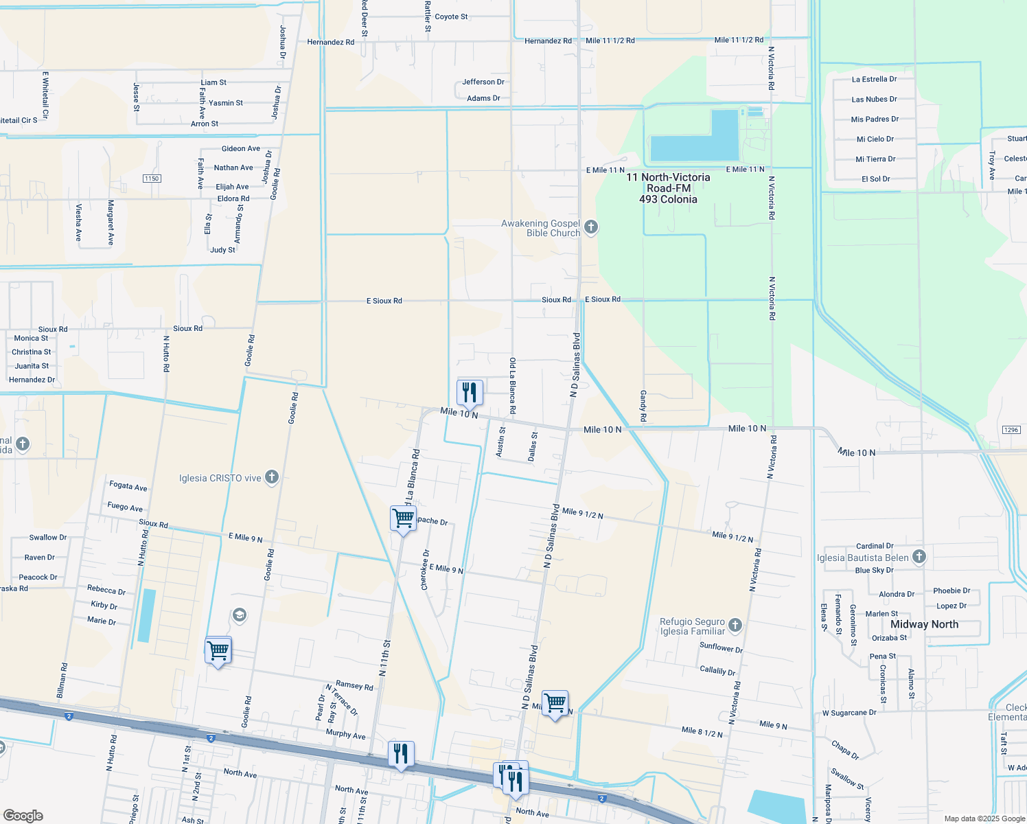map of restaurants, bars, coffee shops, grocery stores, and more near 4366 Old La Blanca Road in Donna