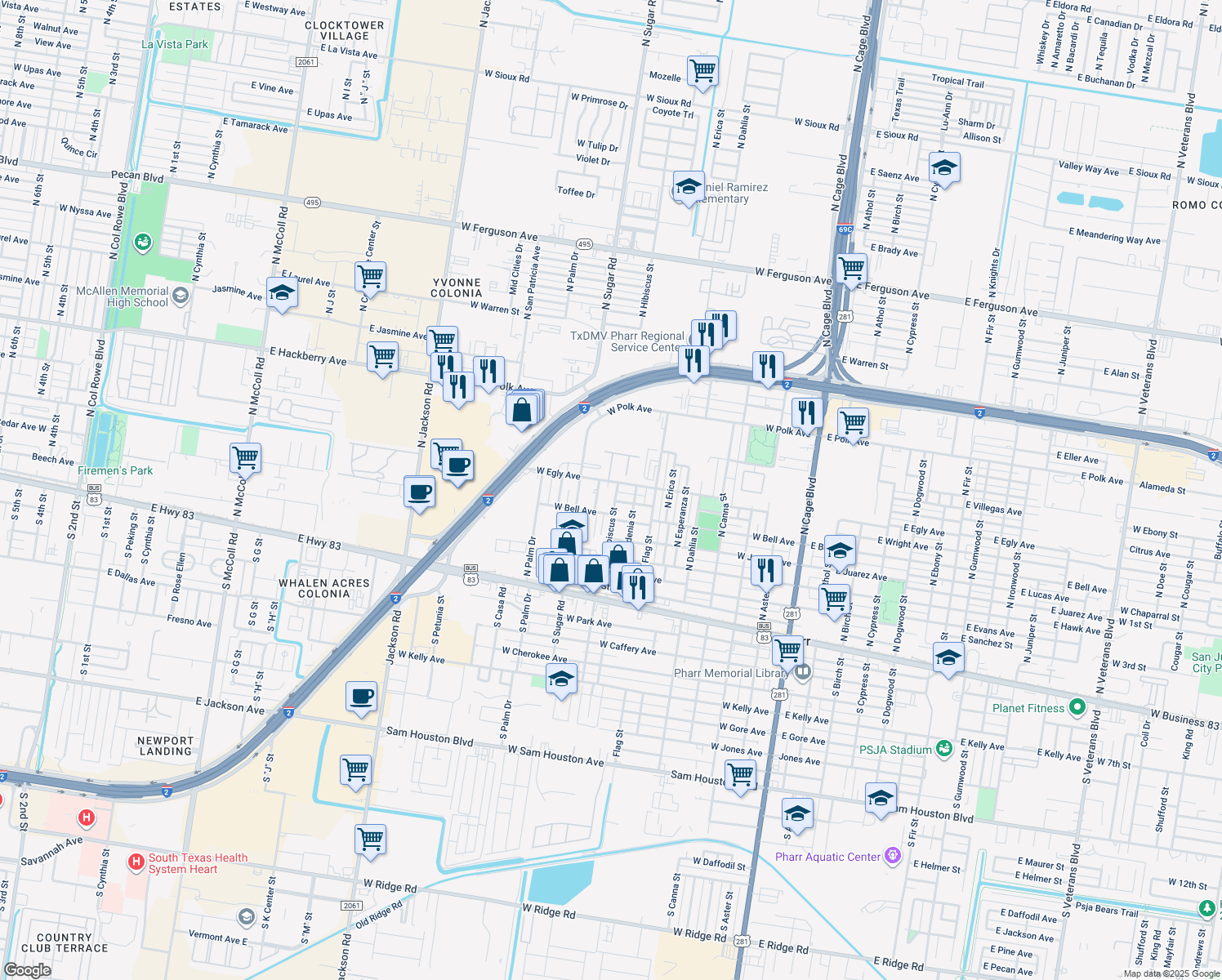 map of restaurants, bars, coffee shops, grocery stores, and more near 515 N Hibiscus St in Pharr