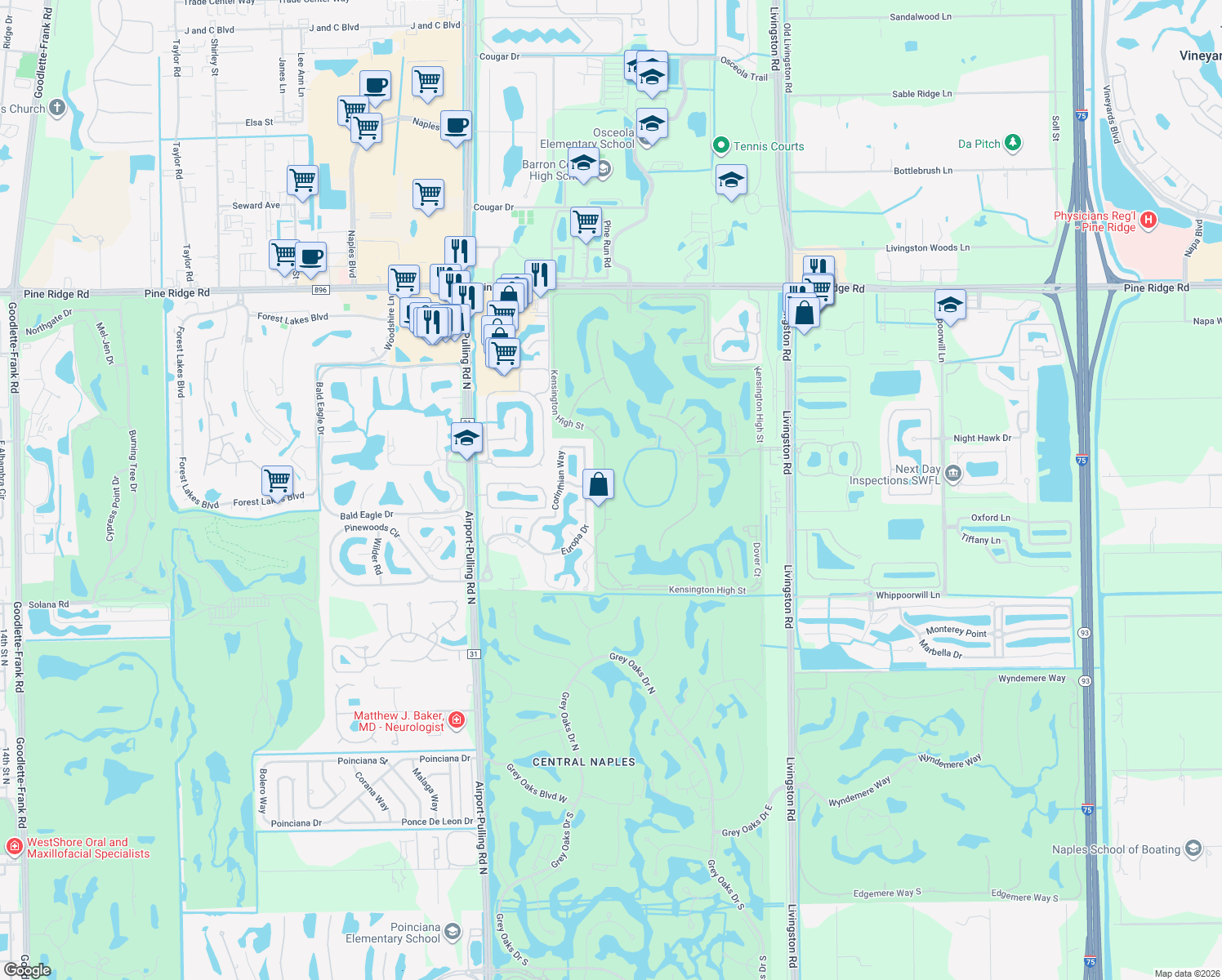 map of restaurants, bars, coffee shops, grocery stores, and more near 5028 Kensington High Street in Naples
