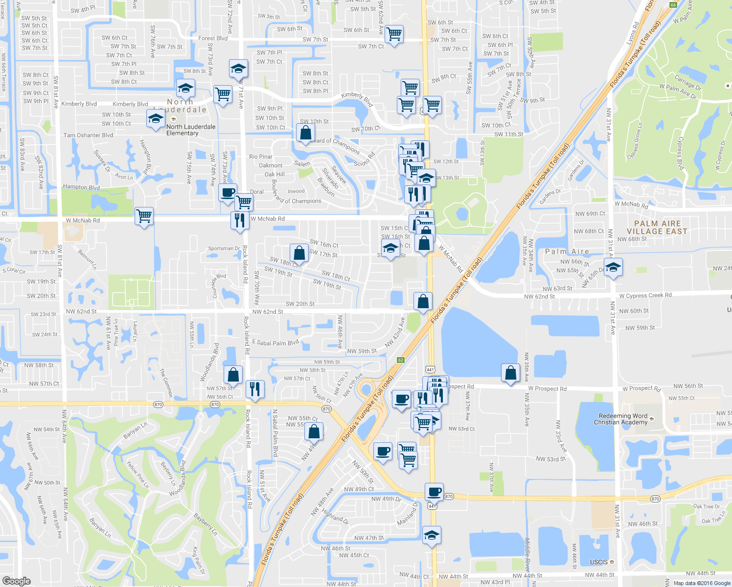 map of restaurants, bars, coffee shops, grocery stores, and more near 1910 Southwest 63rd Terrace in North Lauderdale