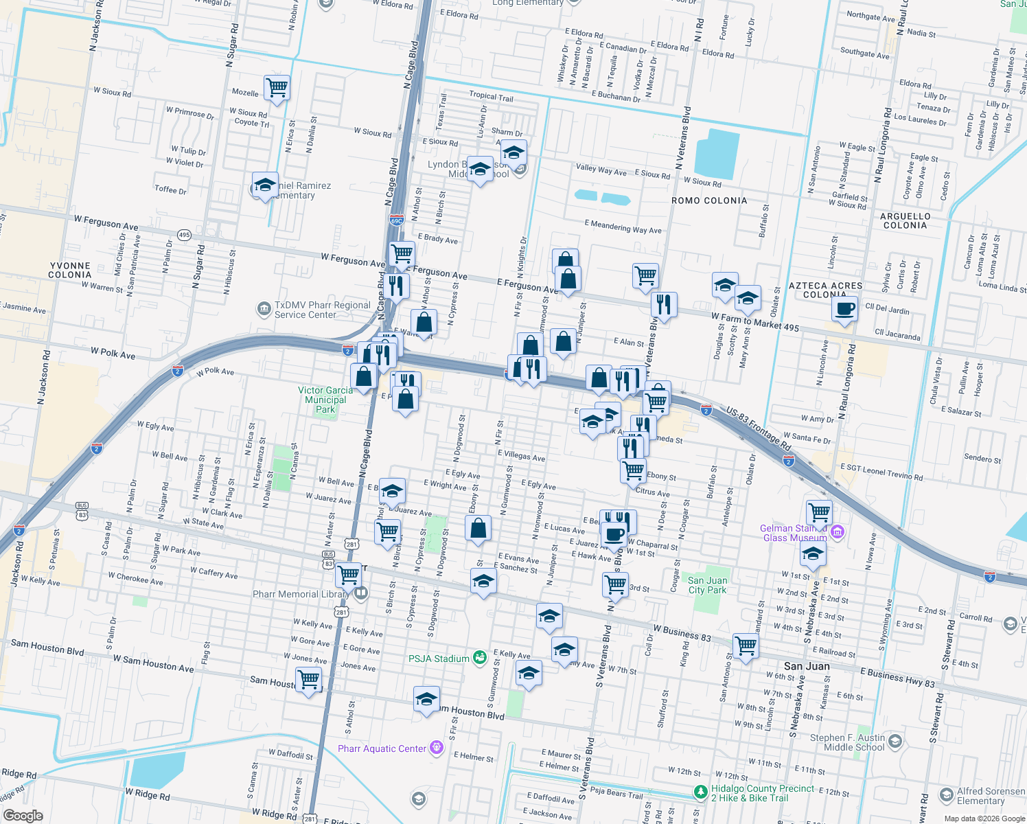 map of restaurants, bars, coffee shops, grocery stores, and more near 707 E Polk Ave in Pharr