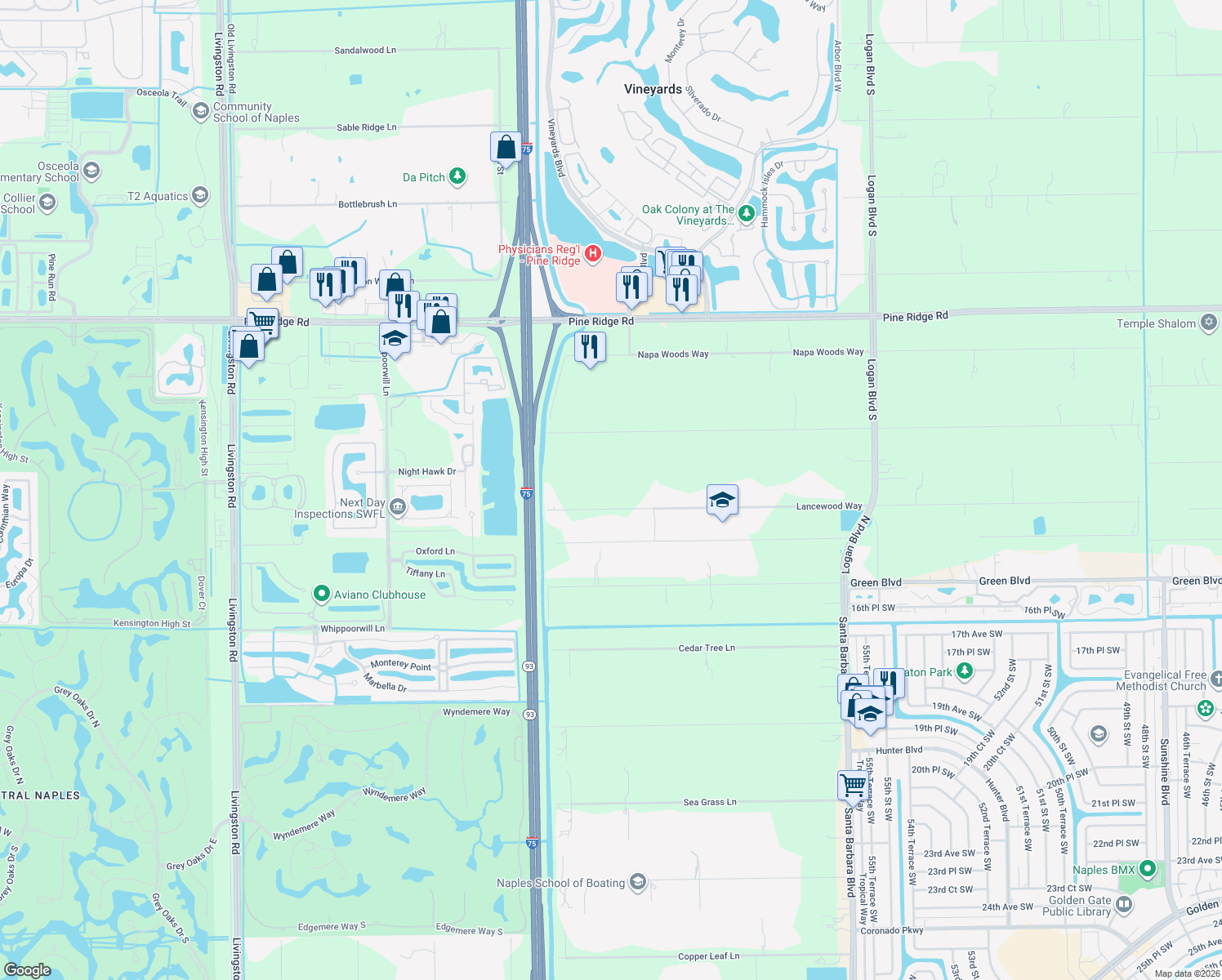 map of restaurants, bars, coffee shops, grocery stores, and more near 6145 Lancewood Way in Naples