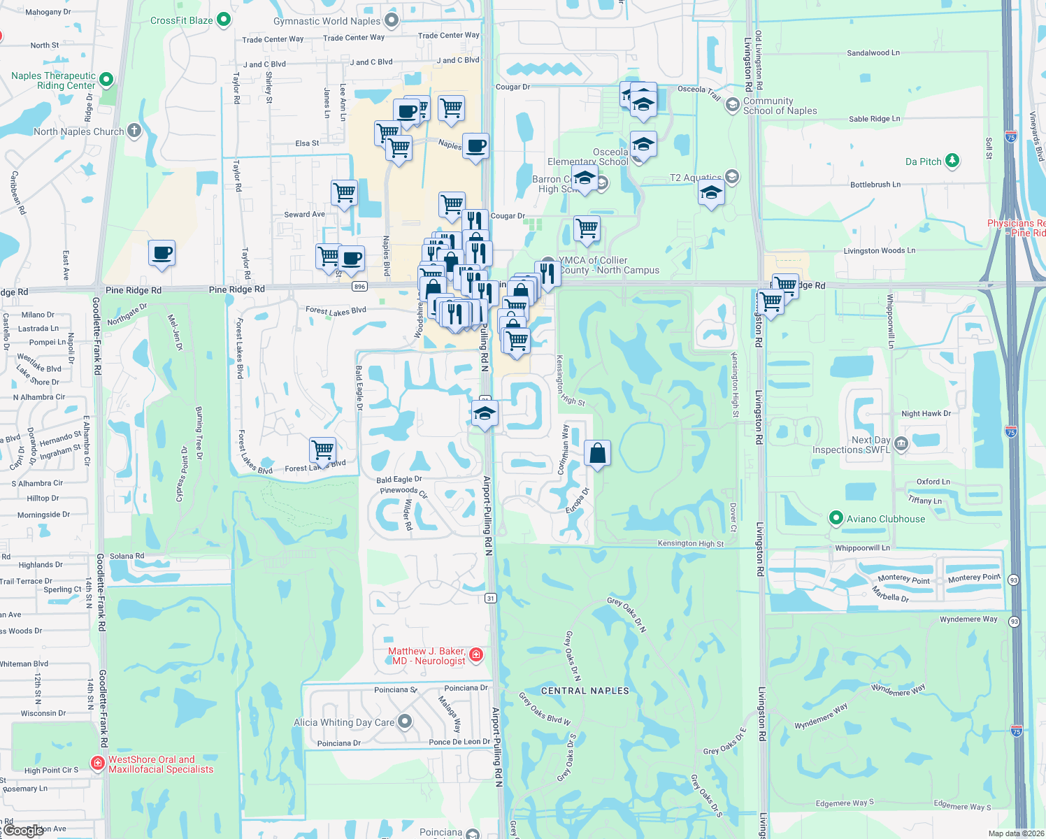 map of restaurants, bars, coffee shops, grocery stores, and more near 4895 Rustic Oaks Circle in Naples