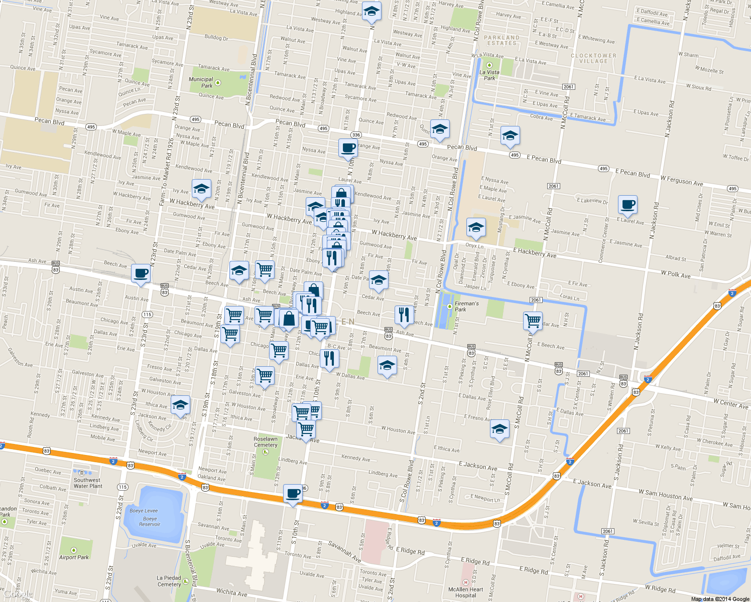 map of restaurants, bars, coffee shops, grocery stores, and more near 613 Cedar Ave in McAllen