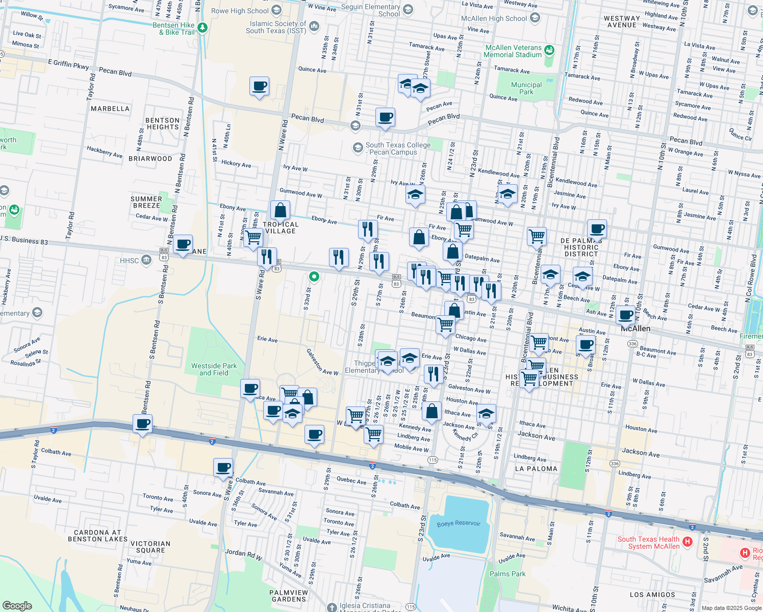 map of restaurants, bars, coffee shops, grocery stores, and more near 2636 Beaumont Avenue in McAllen