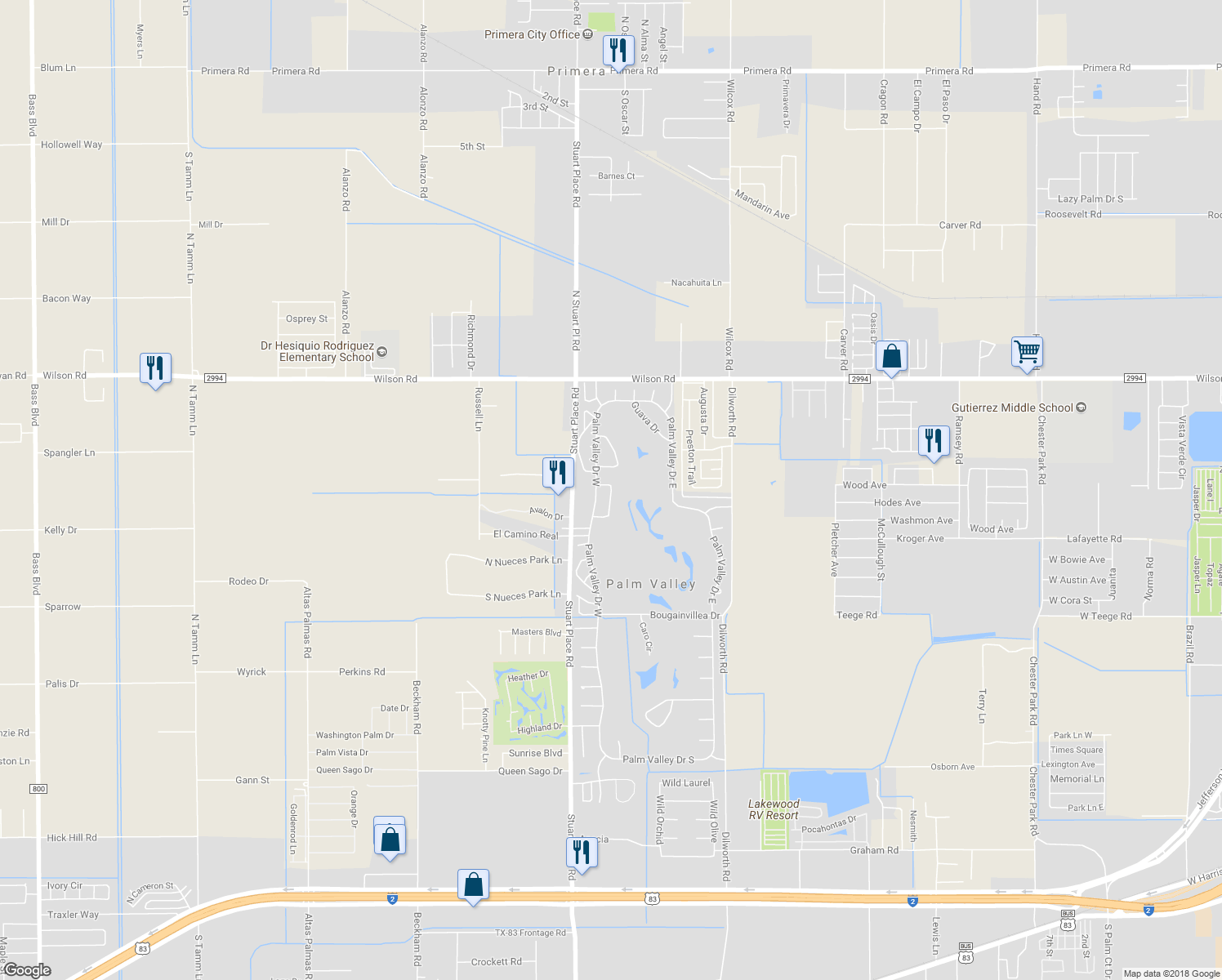 map of restaurants, bars, coffee shops, grocery stores, and more near 17 Los Amigos Drive in Palm Valley