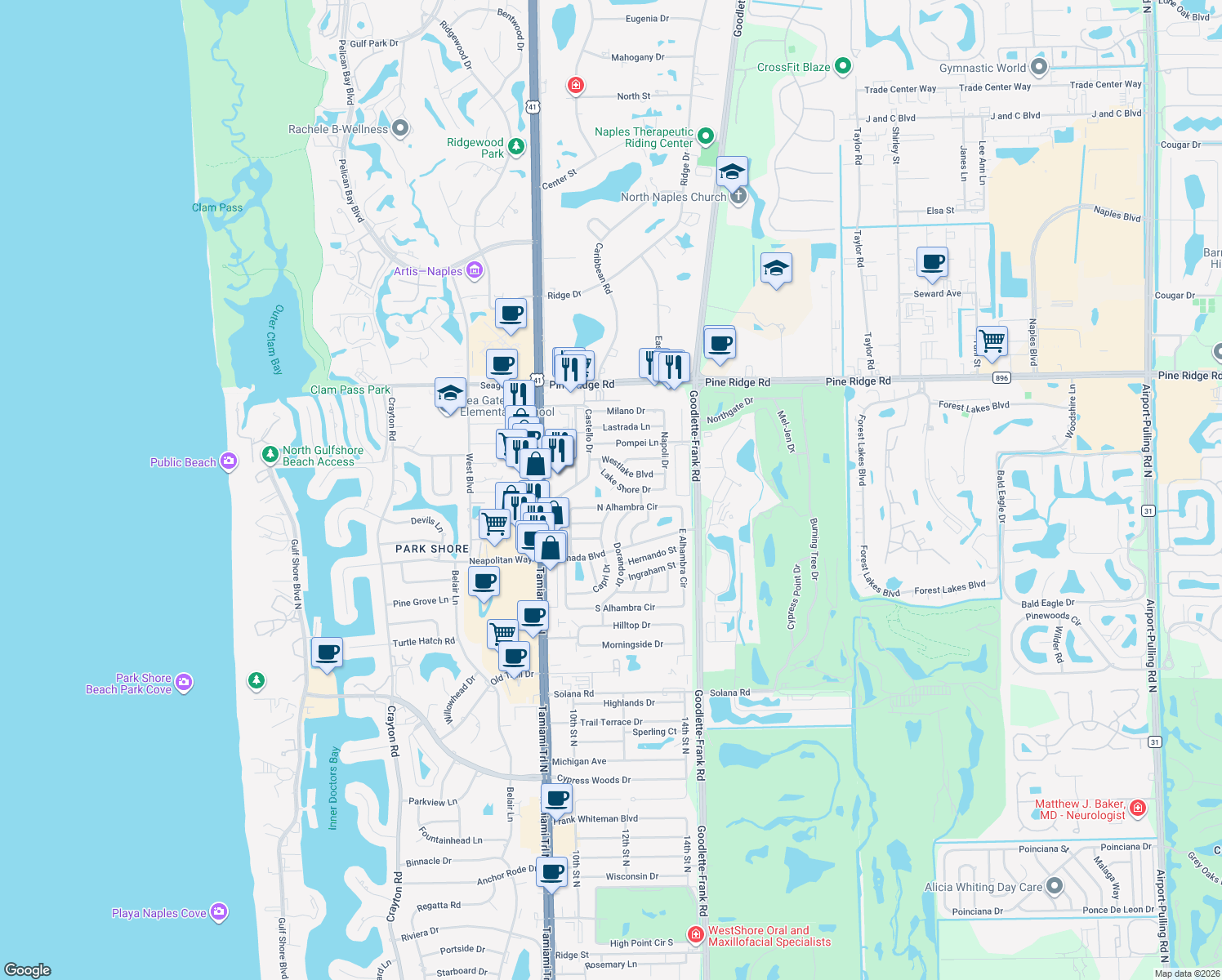 map of restaurants, bars, coffee shops, grocery stores, and more near Lake Shore Place in Naples