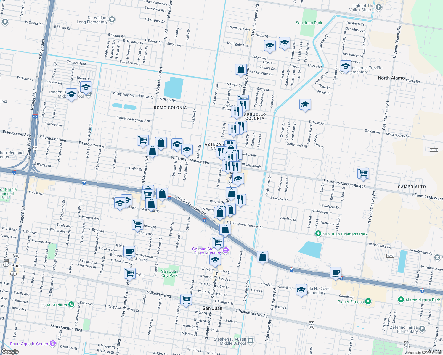 map of restaurants, bars, coffee shops, grocery stores, and more near 115 West San Diego Street in San Juan