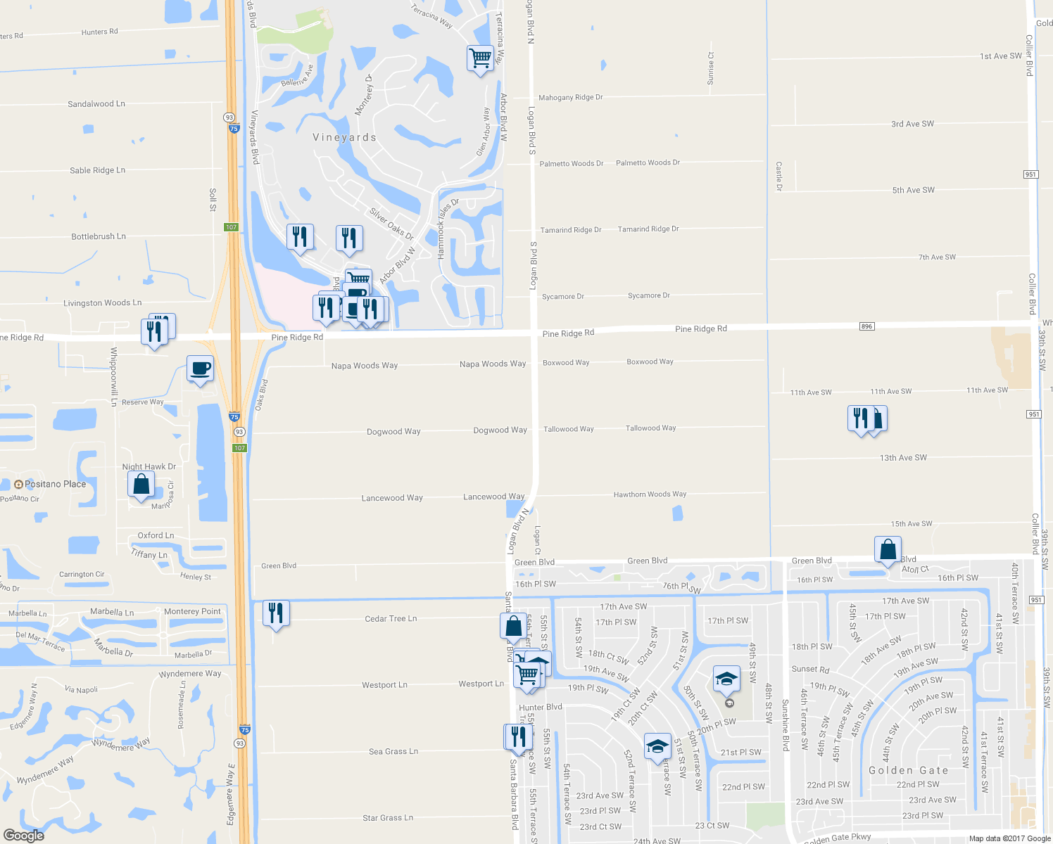 map of restaurants, bars, coffee shops, grocery stores, and more near 5521 Dogwood Way in Naples