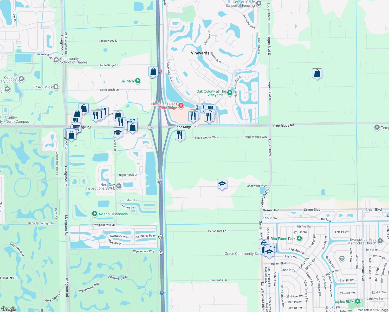 map of restaurants, bars, coffee shops, grocery stores, and more near 6115 Dogwood Way in Naples