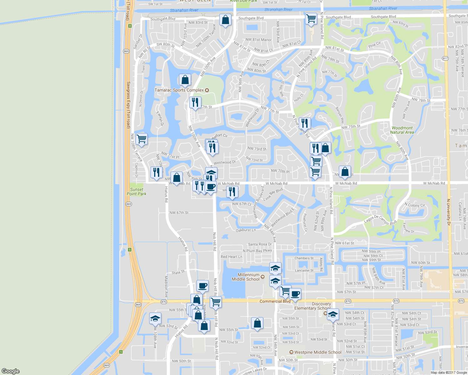 map of restaurants, bars, coffee shops, grocery stores, and more near 9694-9744 West McNab Road in Tamarac