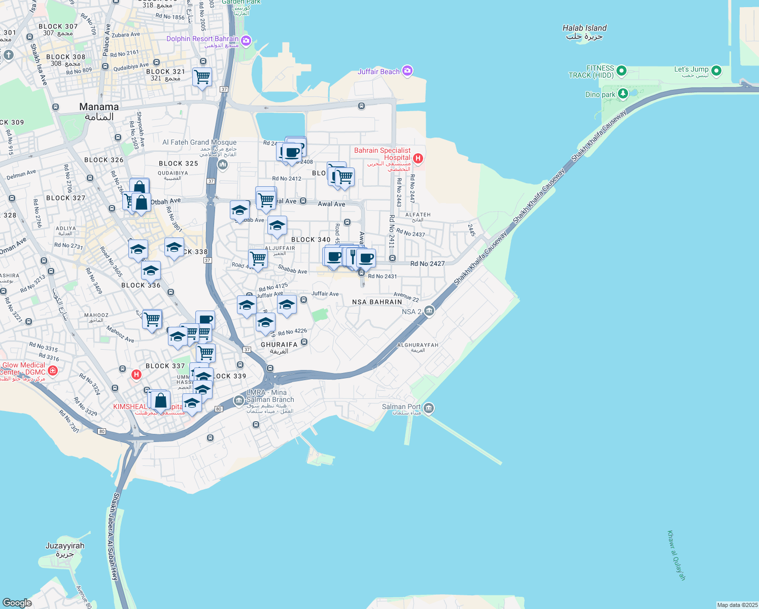 map of restaurants, bars, coffee shops, grocery stores, and more near in Manama
