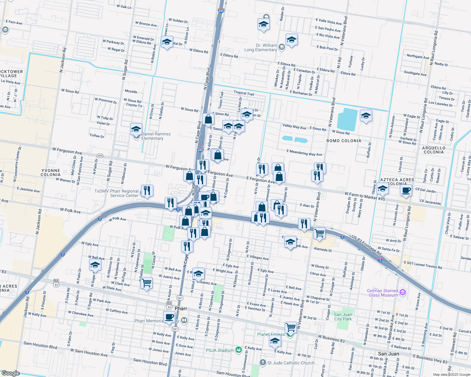 map of restaurants, bars, coffee shops, grocery stores, and more near 1709 N Date St in Pharr