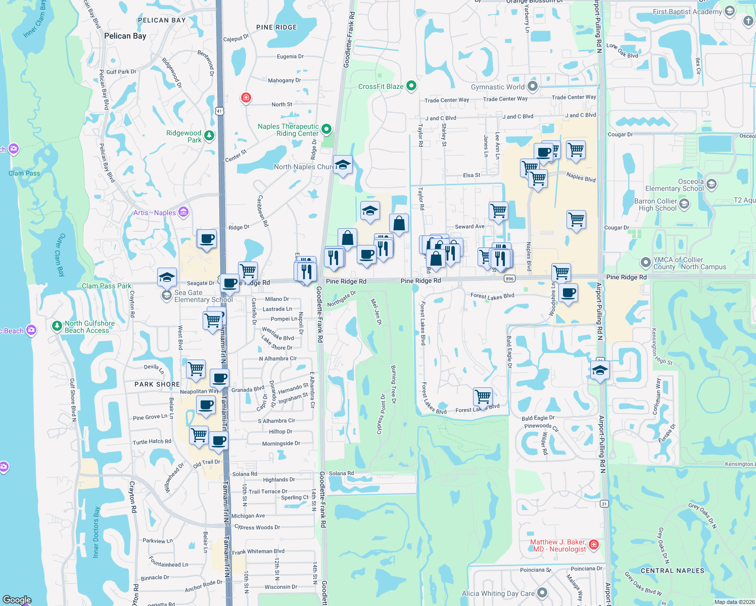 map of restaurants, bars, coffee shops, grocery stores, and more near 328 Mel-Jen Drive in Naples