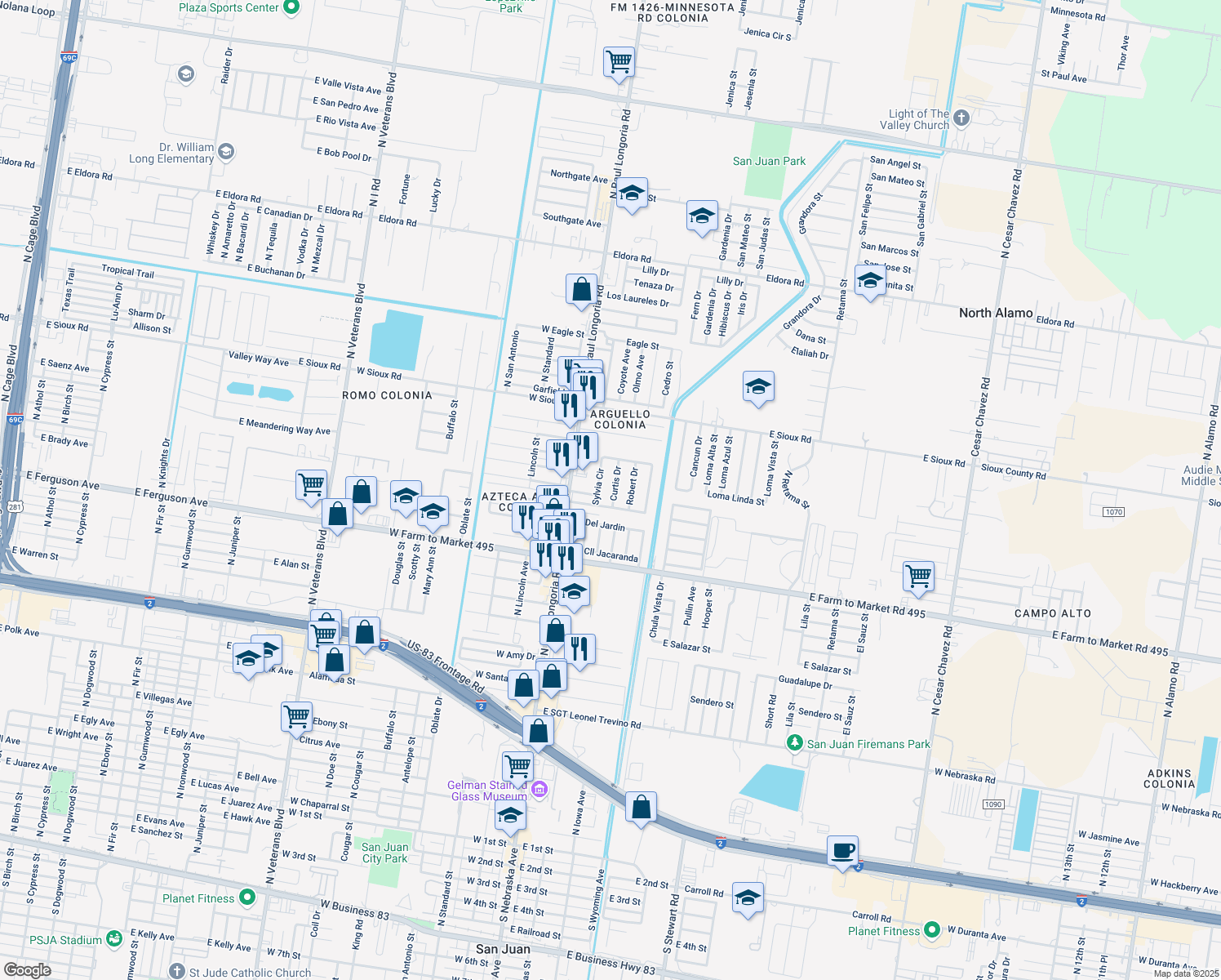 map of restaurants, bars, coffee shops, grocery stores, and more near 1711 Curtis Drive in San Juan