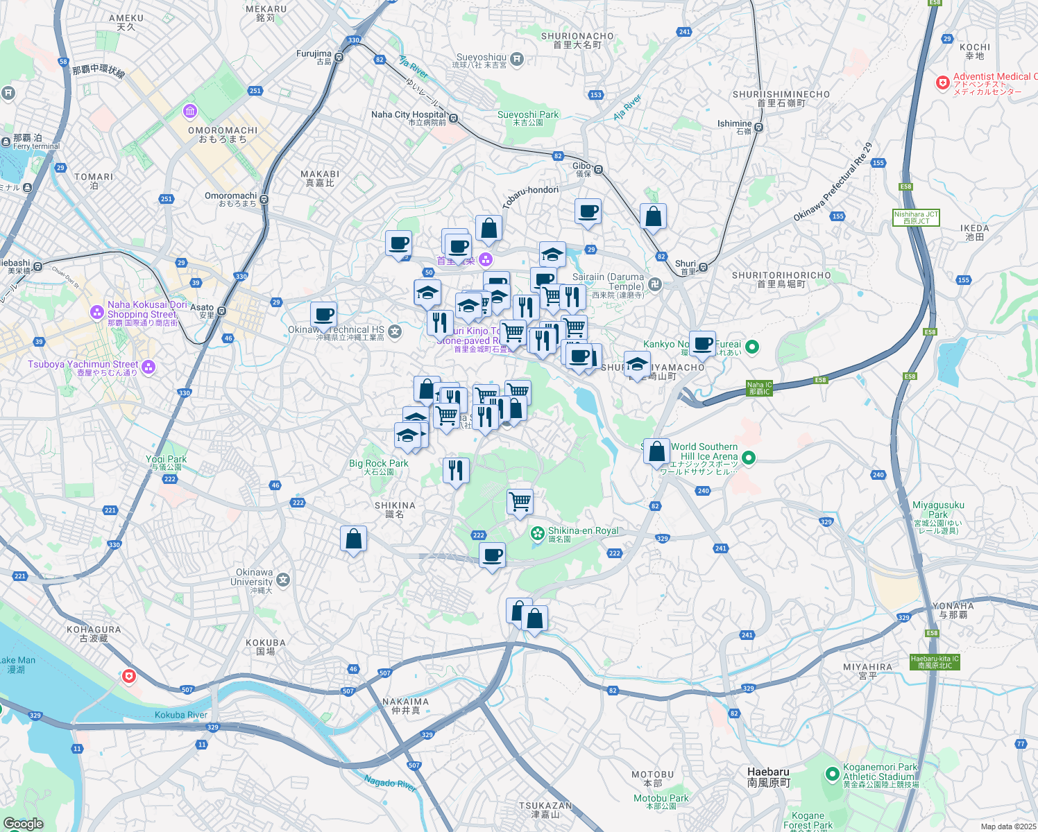 map of restaurants, bars, coffee shops, grocery stores, and more near  in Naha
