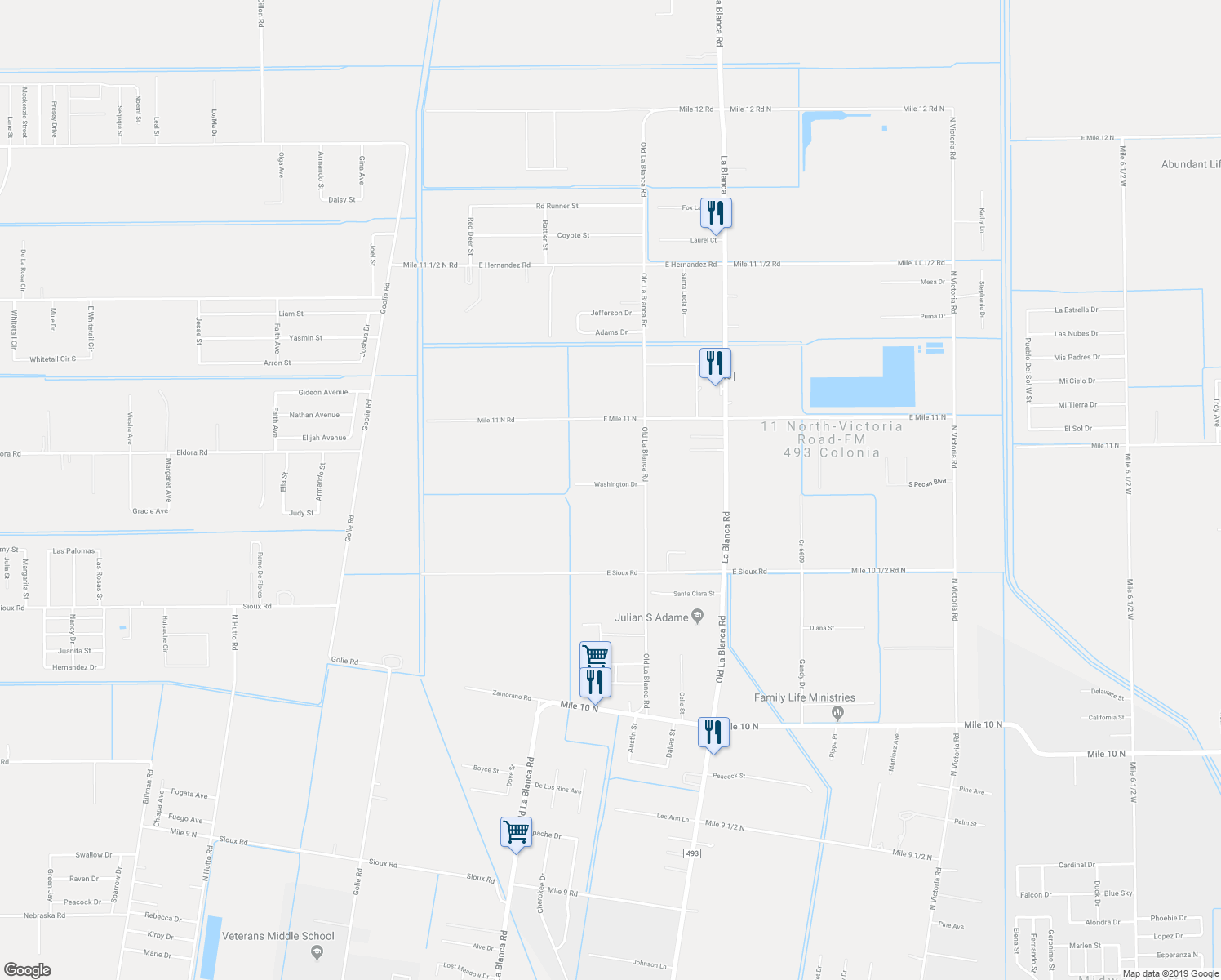 map of restaurants, bars, coffee shops, grocery stores, and more near 1414 Washington Drive in Donna