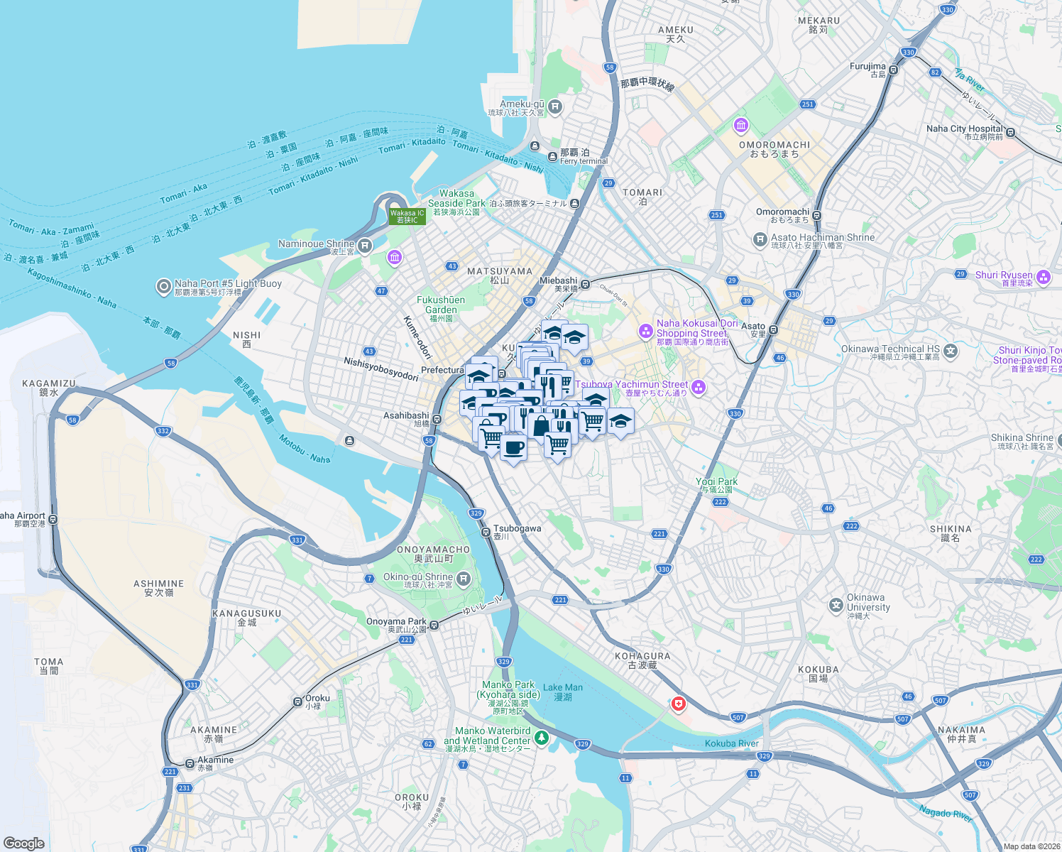 map of restaurants, bars, coffee shops, grocery stores, and more near  in Naha
