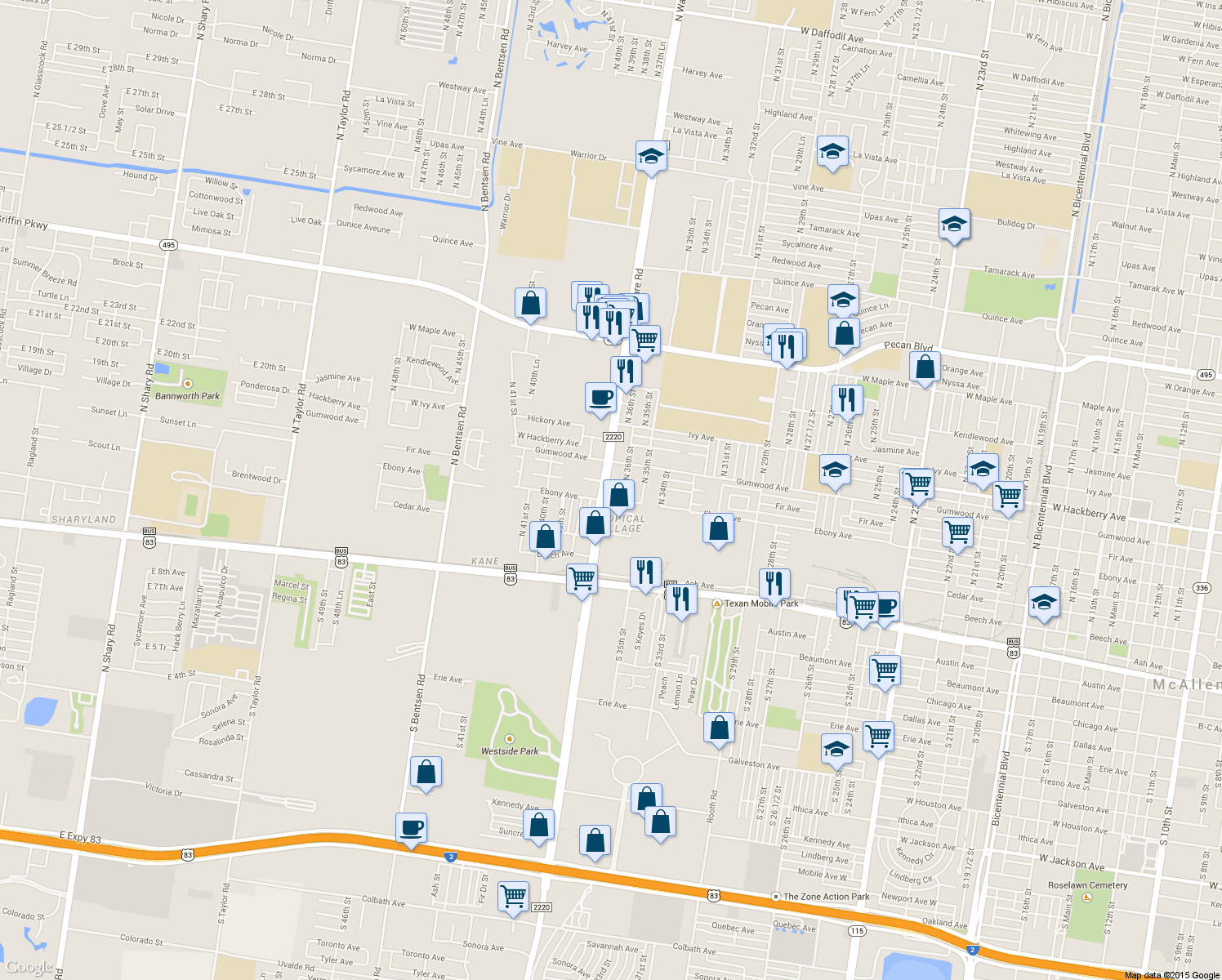 map of restaurants, bars, coffee shops, grocery stores, and more near 510 N Ware Rd in McAllen