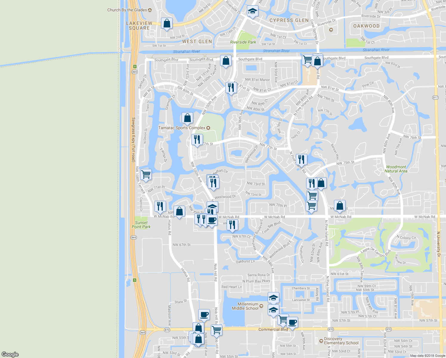 map of restaurants, bars, coffee shops, grocery stores, and more near 9728 South Belfort Circle in Tamarac