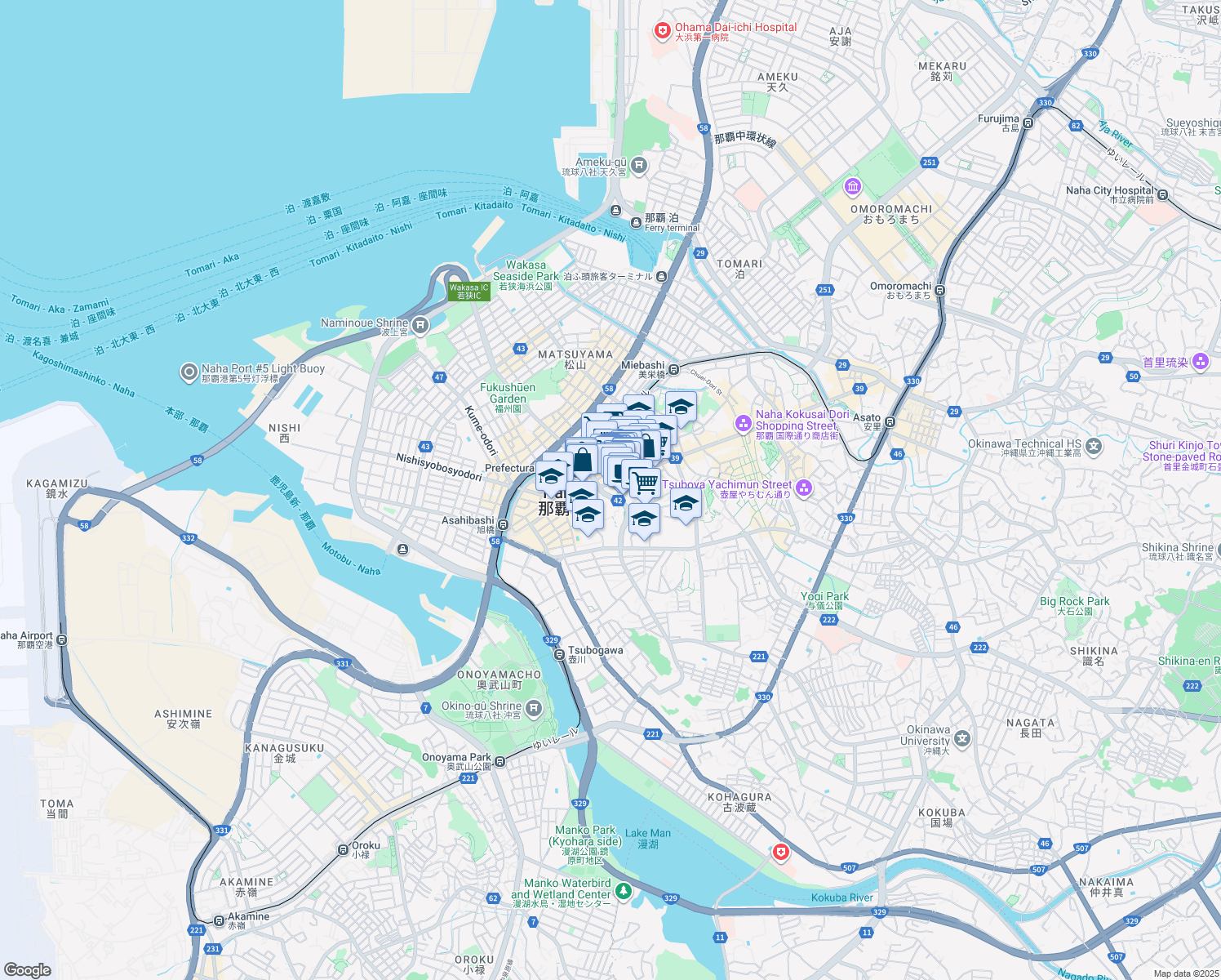 map of restaurants, bars, coffee shops, grocery stores, and more near Kokusai Dori in Naha-shi