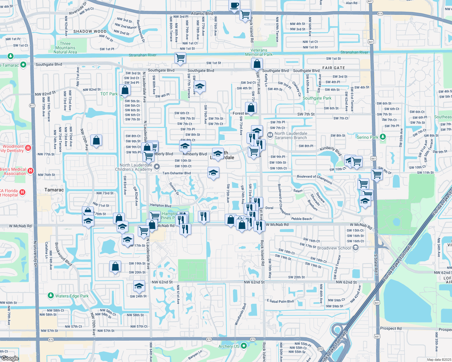 map of restaurants, bars, coffee shops, grocery stores, and more near 1208 Southwest 75th Avenue in North Lauderdale