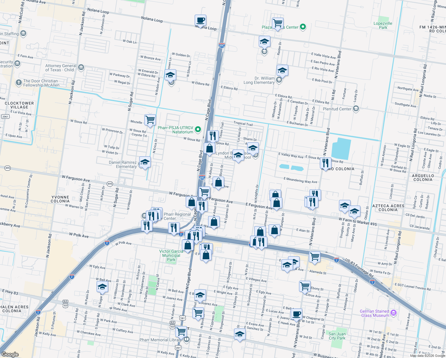 map of restaurants, bars, coffee shops, grocery stores, and more near 207 East Diaz Avenue in Pharr