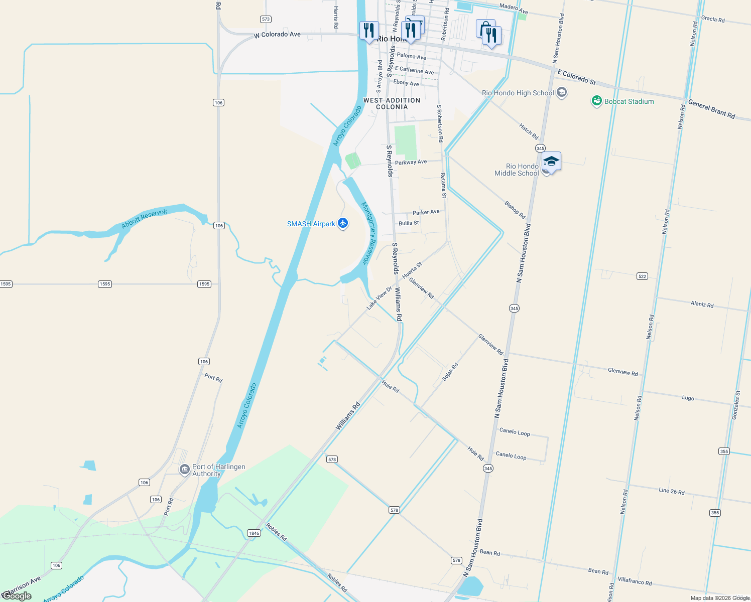map of restaurants, bars, coffee shops, grocery stores, and more near 23717 Lake View Drive in Rio Hondo