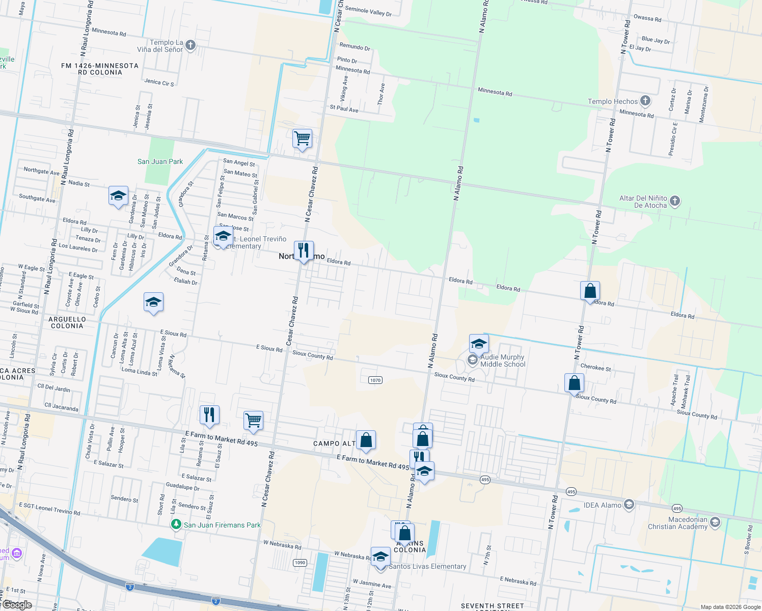 map of restaurants, bars, coffee shops, grocery stores, and more near 1311 Sunshine Drive in Alamo
