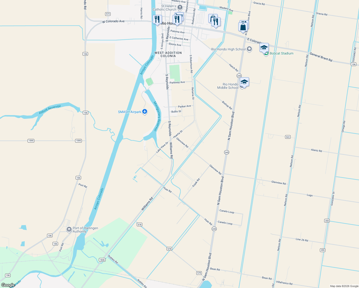 map of restaurants, bars, coffee shops, grocery stores, and more near 27572 Glenview Rd in Rio Hondo