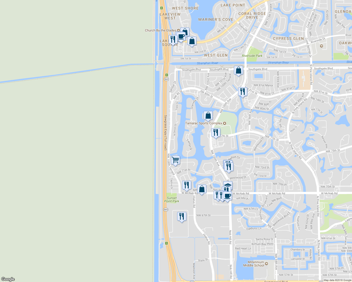 map of restaurants, bars, coffee shops, grocery stores, and more near 7292 South Devon Drive in Tamarac