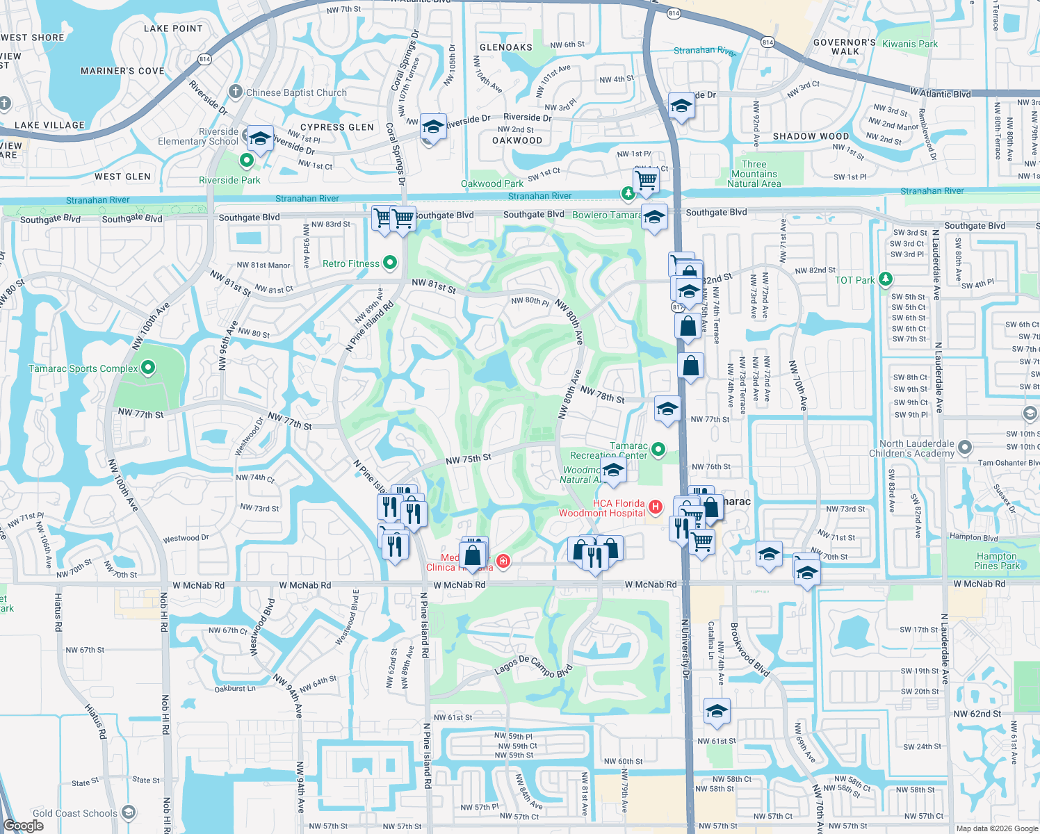 map of restaurants, bars, coffee shops, grocery stores, and more near 7554 Black Olive Ave in Tamarac