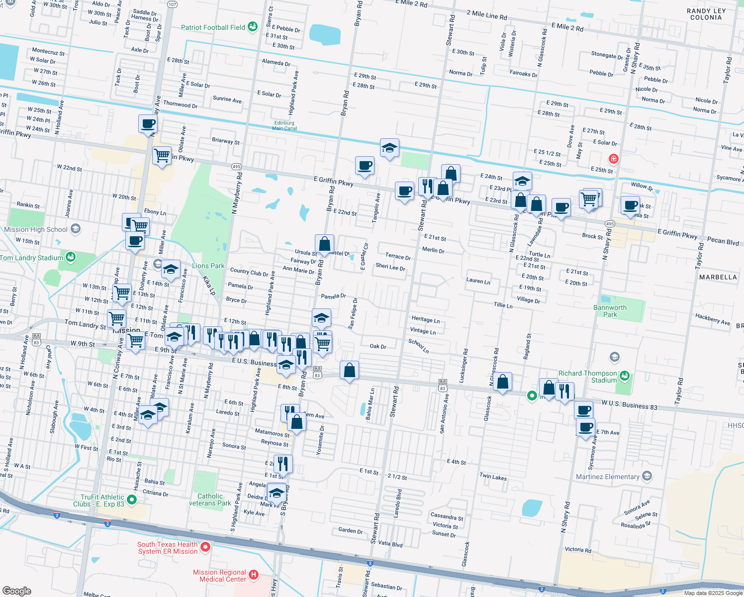map of restaurants, bars, coffee shops, grocery stores, and more near 1502 Dons Dr in Mission
