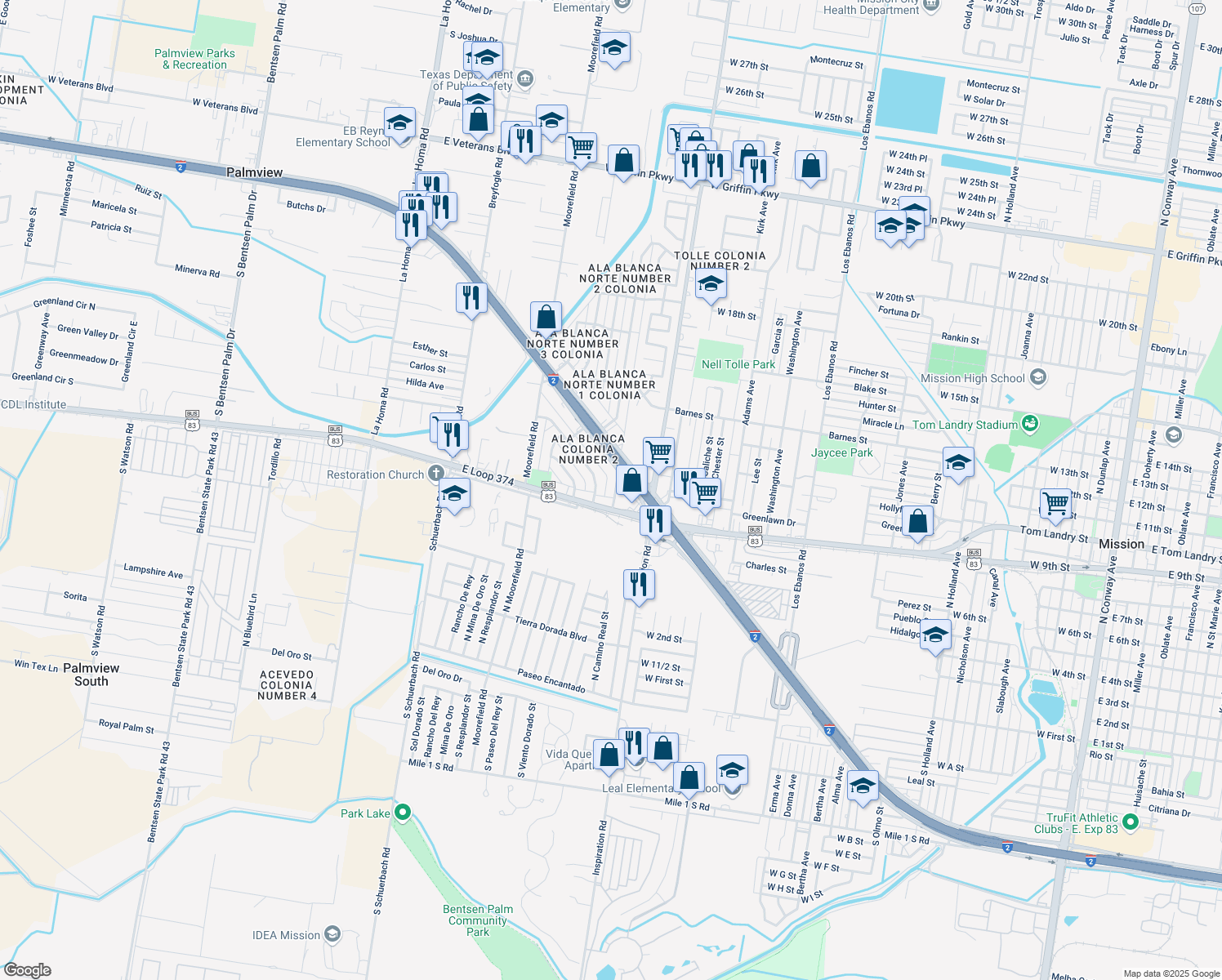 map of restaurants, bars, coffee shops, grocery stores, and more near 905 Frontage Road in Mission