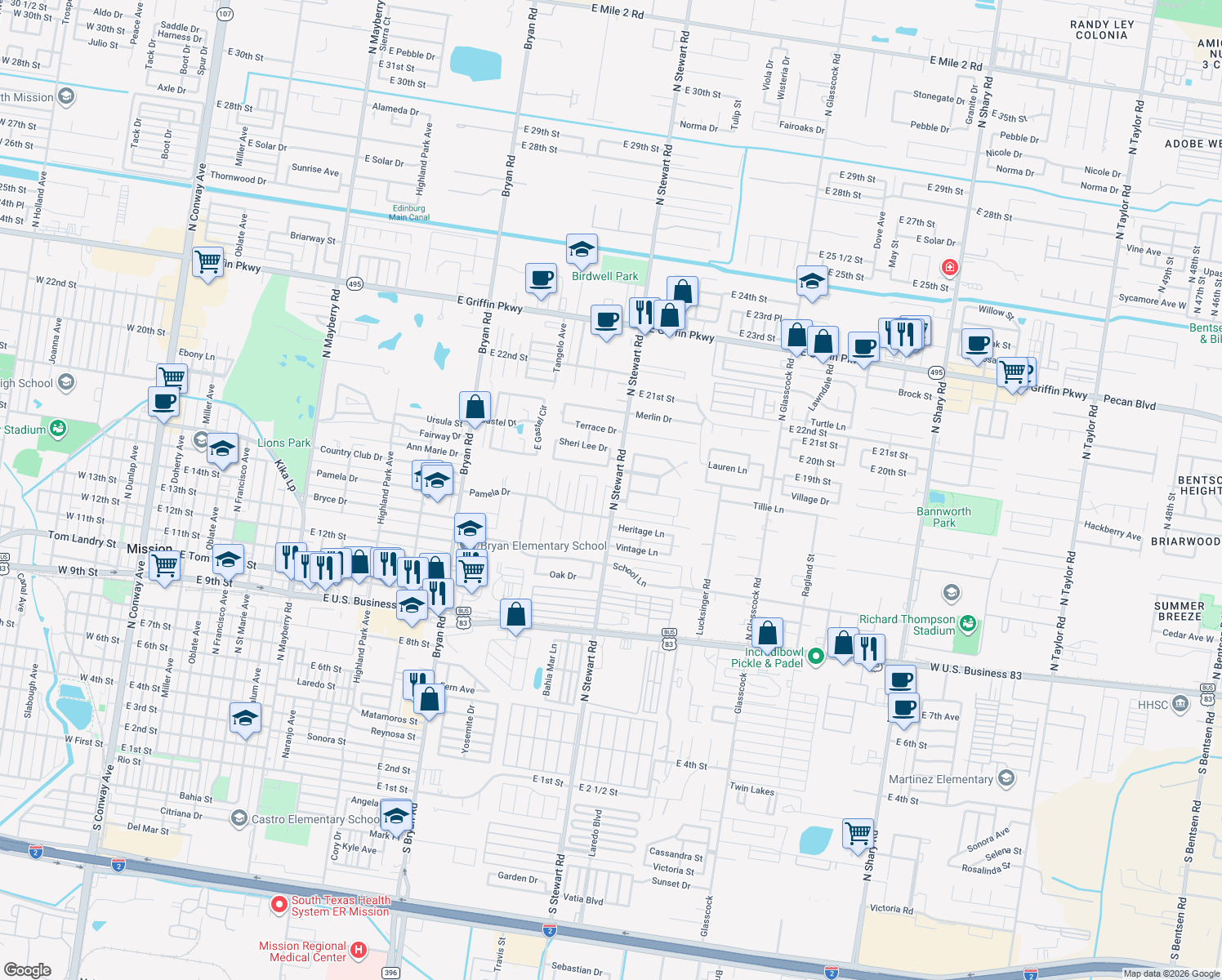 map of restaurants, bars, coffee shops, grocery stores, and more near 1506 Dora Jeanne Drive in Mission